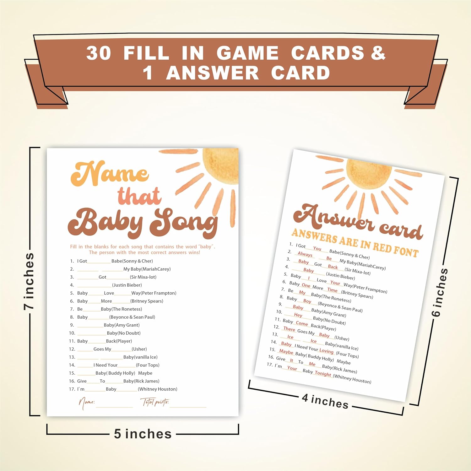 Name That Baby Song Game Kits For Baby Shower - 30 Double-Sided Fill In Watercolor Sunshine Style Game Cards 1 Answer Card For Gender Reveal, Baby Announcement, Party Favor & Supplies - C10
