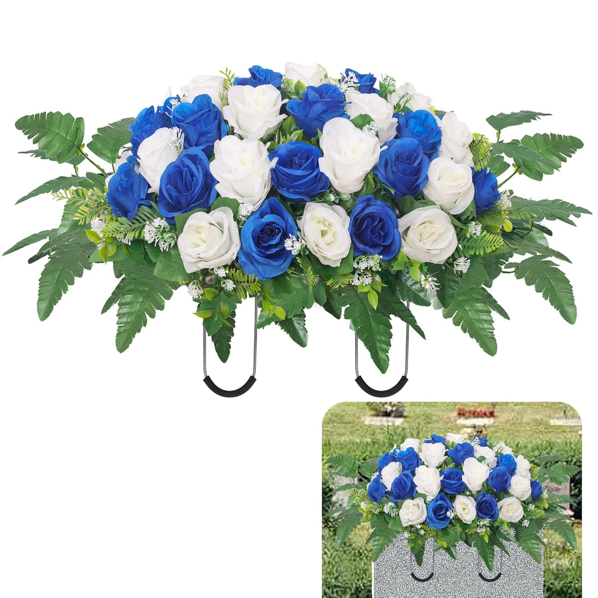 Cemetery Headstone Flower Saddle,Artificial Cemetery Flower Saddles For Graves,Artificial Rose Cemetery Memorial Flowers For Outdoor Tombstone Headstone Decorations (Dark Blue)