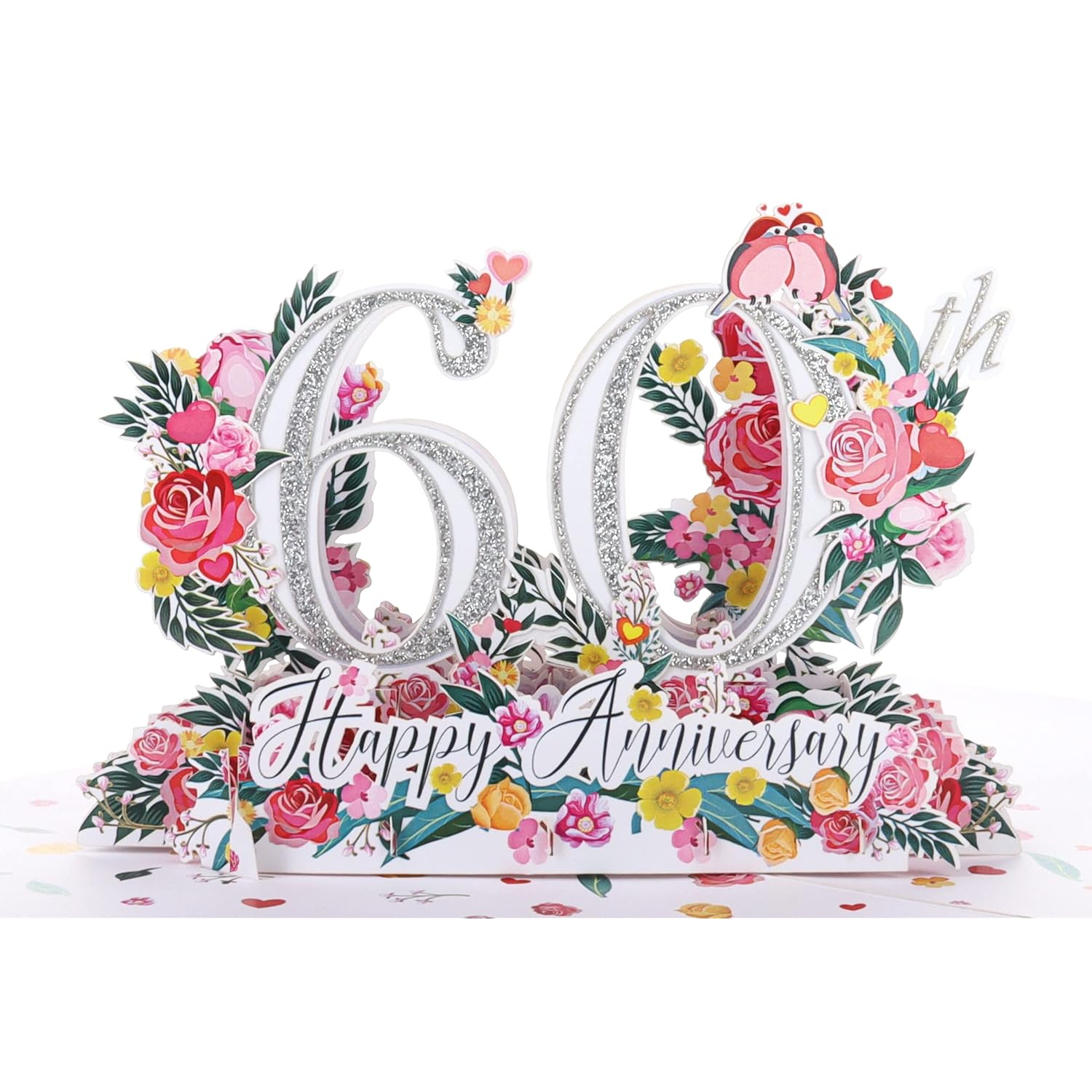 60Th Wedding Anniversary Pop Up Card – Diamond Jubilee 3D Greeting With Roses & Lovebirds – Luxury Keepsake For Parents, Grandparents, Couples, Enduring Love Gift – 6 X 8 Inches