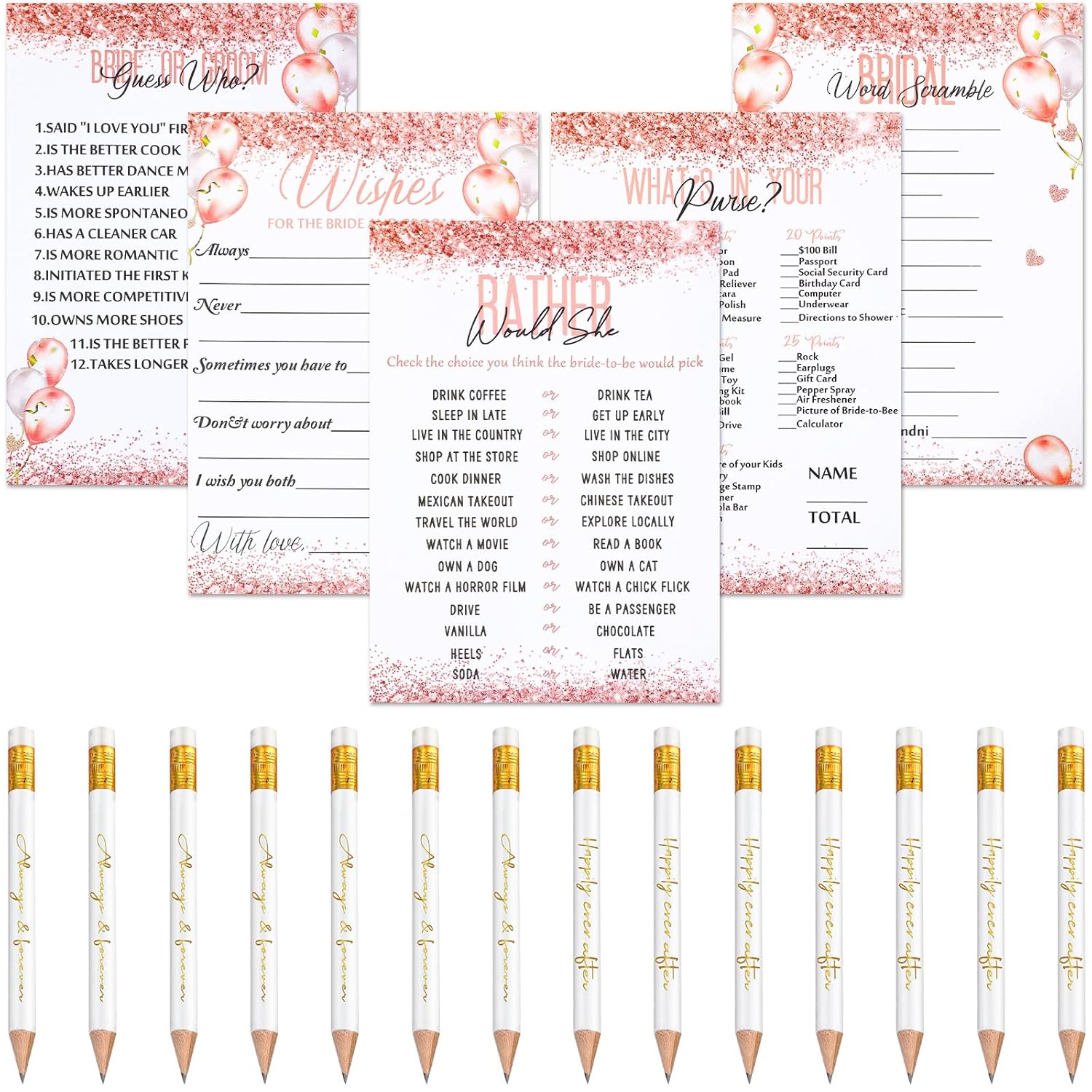 220 Pieces Bridal Shower Game Set 5 Sets (40 Cards Each) Wedding Game Cards And 20 Pieces Pencils Printed Words Editable Bride Groom Wedding Bachelorette Engagement Party Supplies(Pink Balloon)