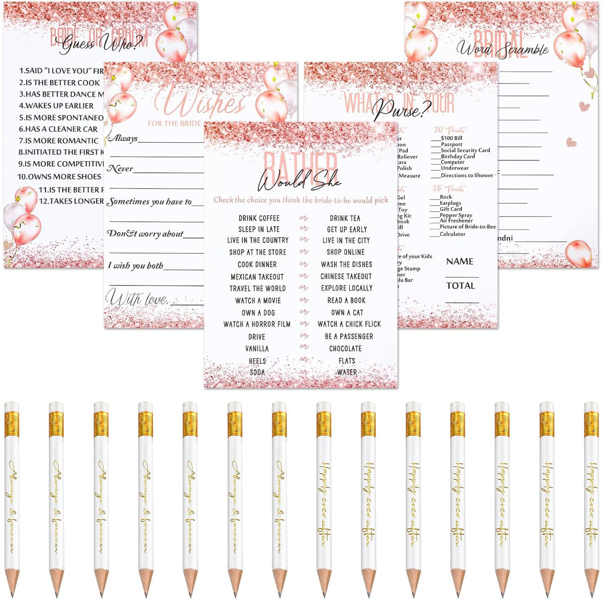 220 Pieces Bridal Shower Game Set 5 Sets (40 Cards Each) Wedding Game Cards And 20 Pieces Pencils Printed Words Editable Bride Groom Wedding Bachelorette Engagement Party Supplies(Pink Balloon)
