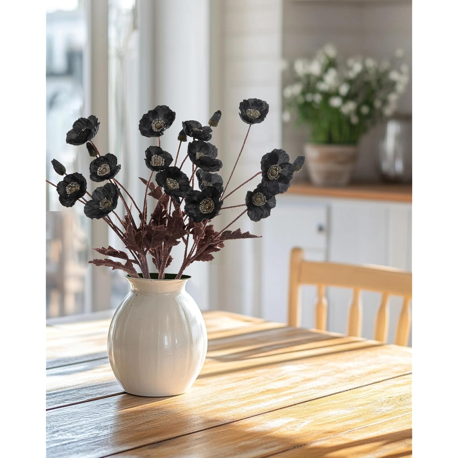 6 Pcs Silk Artificial Poppies, Realistic Fake Flowers With Buds For Table Centerpieces, Wedding Arrangements, Home And Office Decor(Black)
