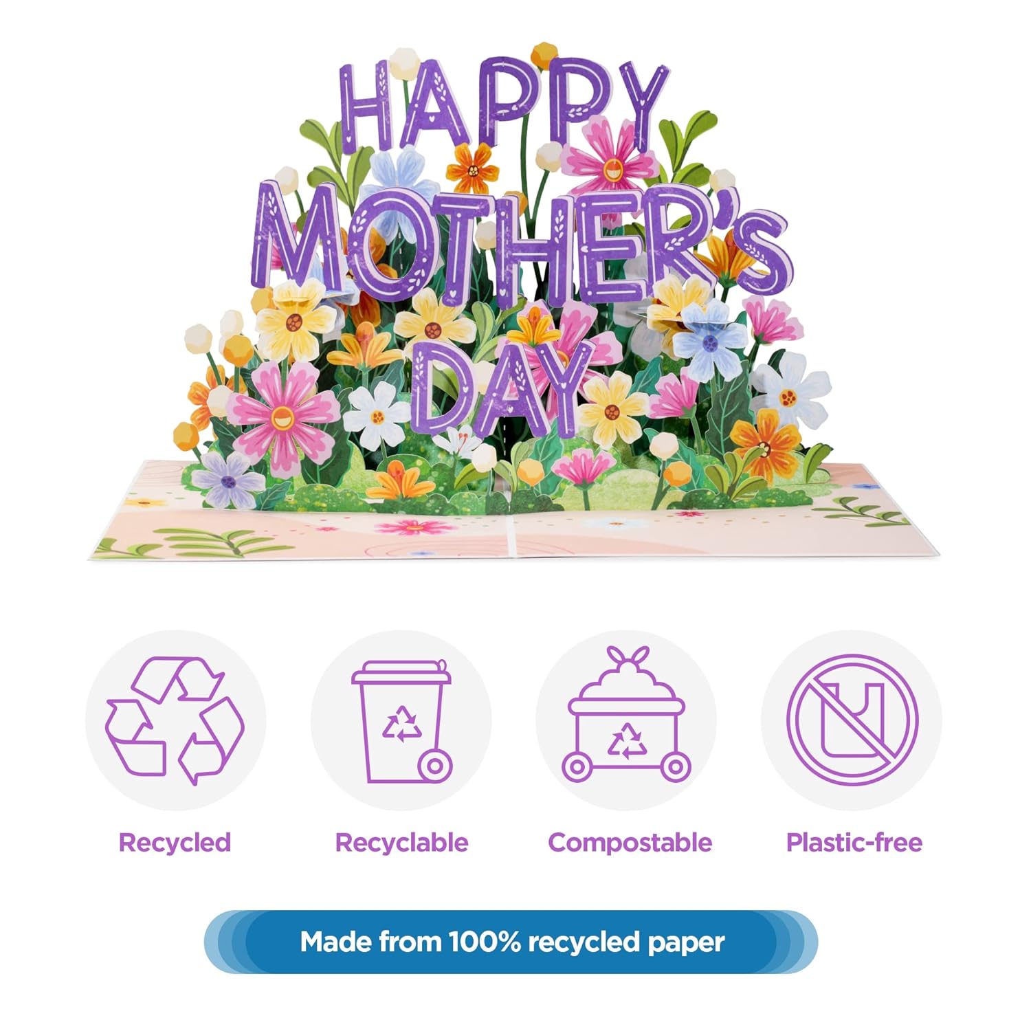 Frndly 3D Happy Mothers Day Pop Up Card, Handcrafted - 100% Recycled And Eco-Friendly, 8" X 6" Cover - With Note Tag