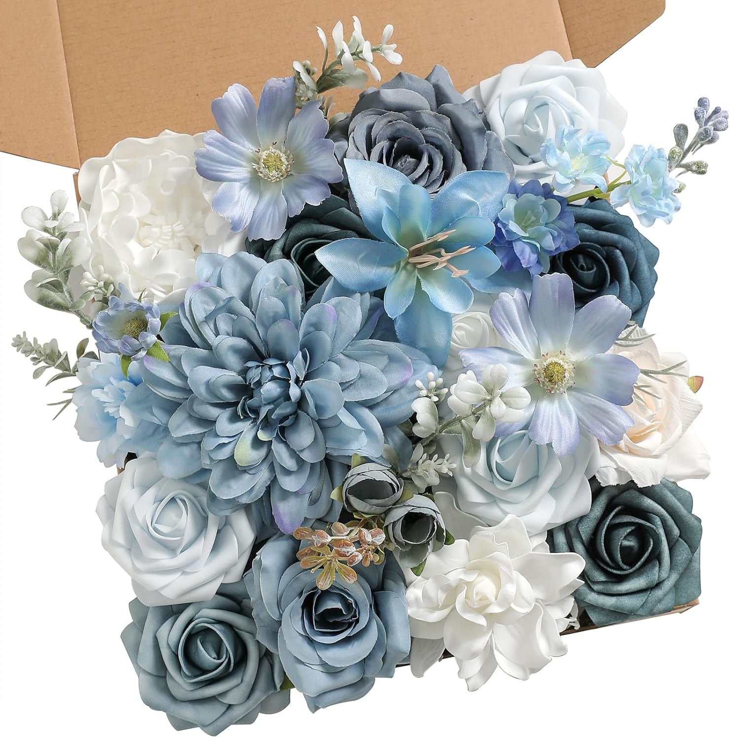 Blue Artificial Flowers Combo Set Fake Flower Leaf Box With Stemst For Diy Wedding Bridal Bouquet, Centerpieces, Home Decor, Floral Arrangement Decor(Blue)