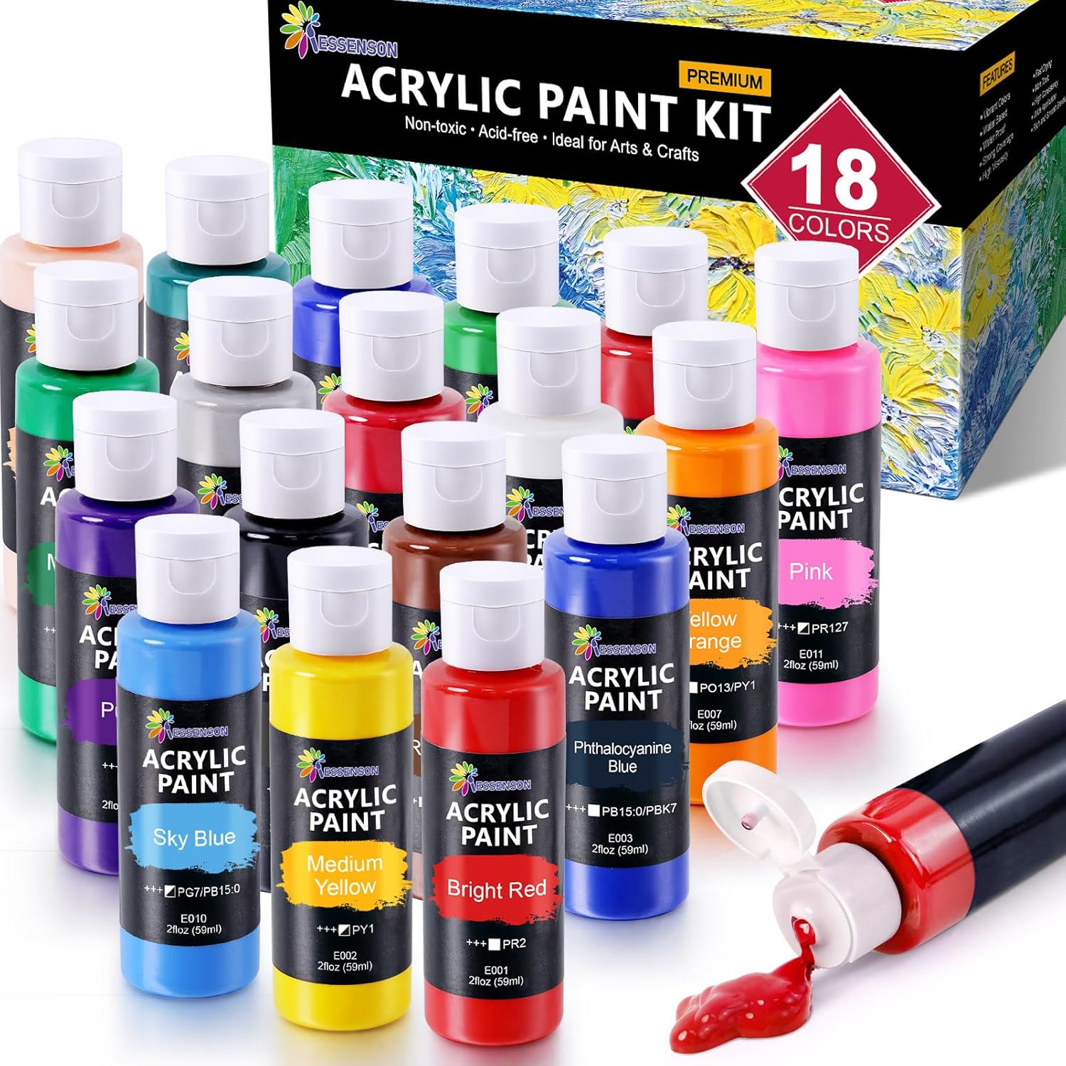 Acrylic Paint, 18 Colors Acrylic Paint Set, 2Oz/59Ml Bottles, Premium Paints For Artists, Kids, Beginners And Adults On Canvas Rocks Wood Ceramic Fabric