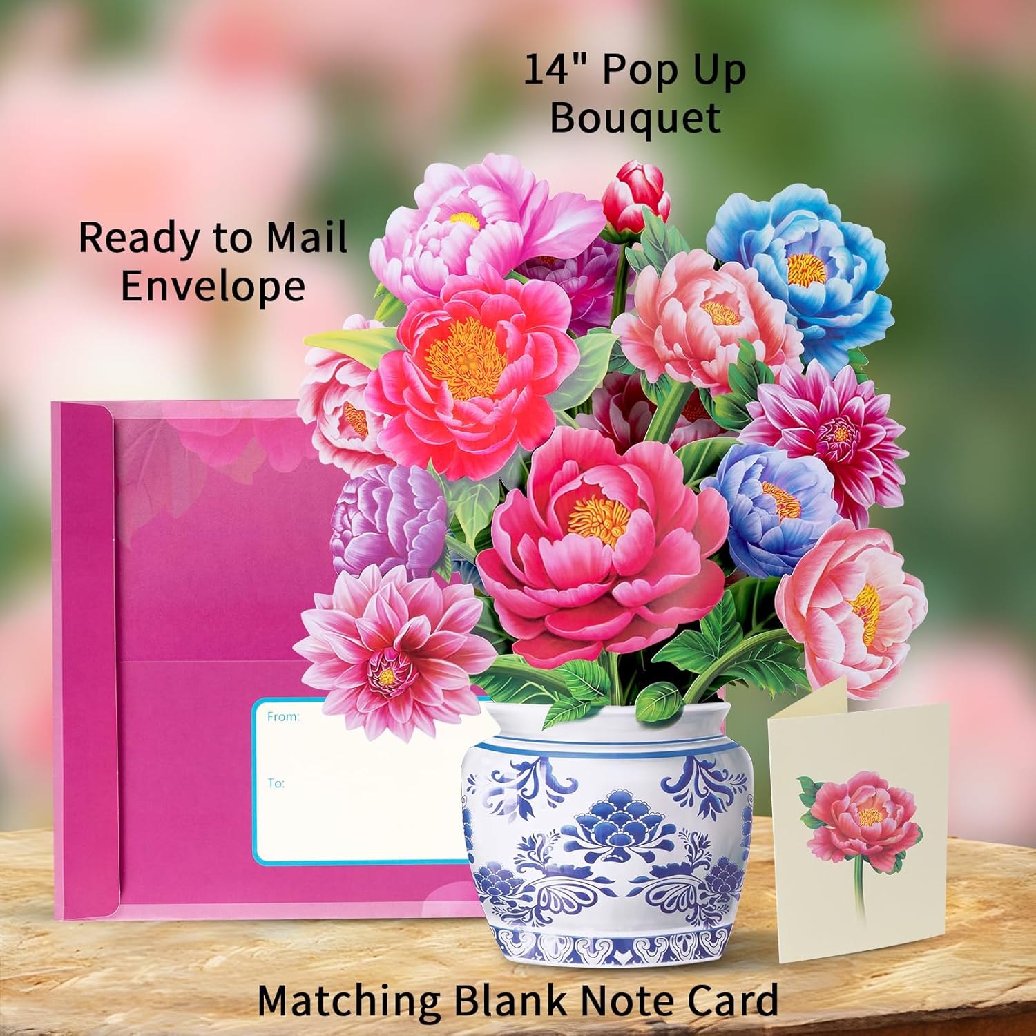 Pop Up Flower Card, 3D Paper Flowers Bouquet, Birthday, Thank You, Get Well Greeting Cards With Note Card & Envelope, Peony