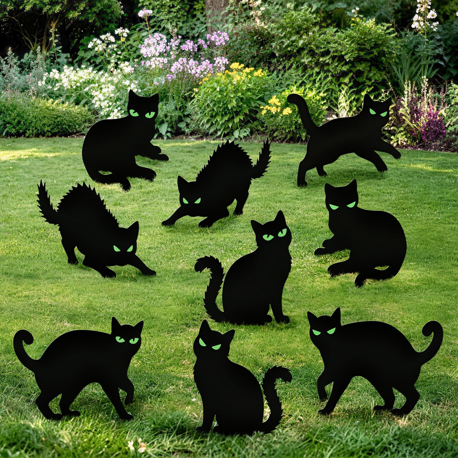 Halloween Decorations Outdoor - 9 Pack Corrugated Plastic Black Cat Decor with Stakes, Glow In The Dark Eyes Scary Silhouette Waterproof Durable Yard Signs for Garden Graveyard Party Lawn (37x31cm)