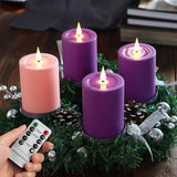 Flameless Advent Candles Purple And Pink, 5 Inch Battery Operated Led Pillar Candles With Remote Timer, 350+ Hours Long Lasting For Christmas Rituals And Wreath, Set Of 4