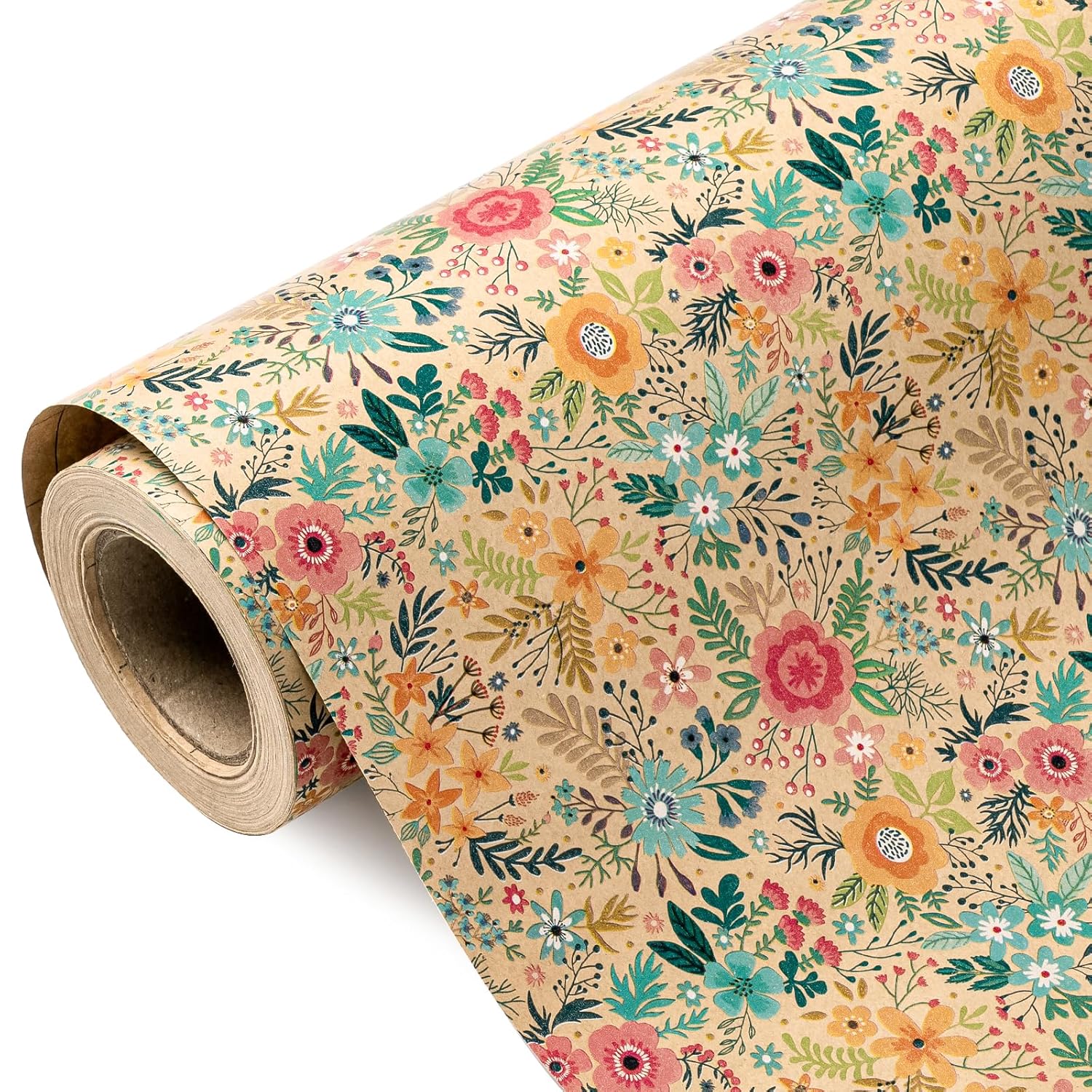 Kraft Floral Wrapping Paper Roll - Mini Roll - 17 Inch X 9.8 Feet - Spring Summer Garden Flower Design Perfect For Wedding, Bridal Shower, Birthday