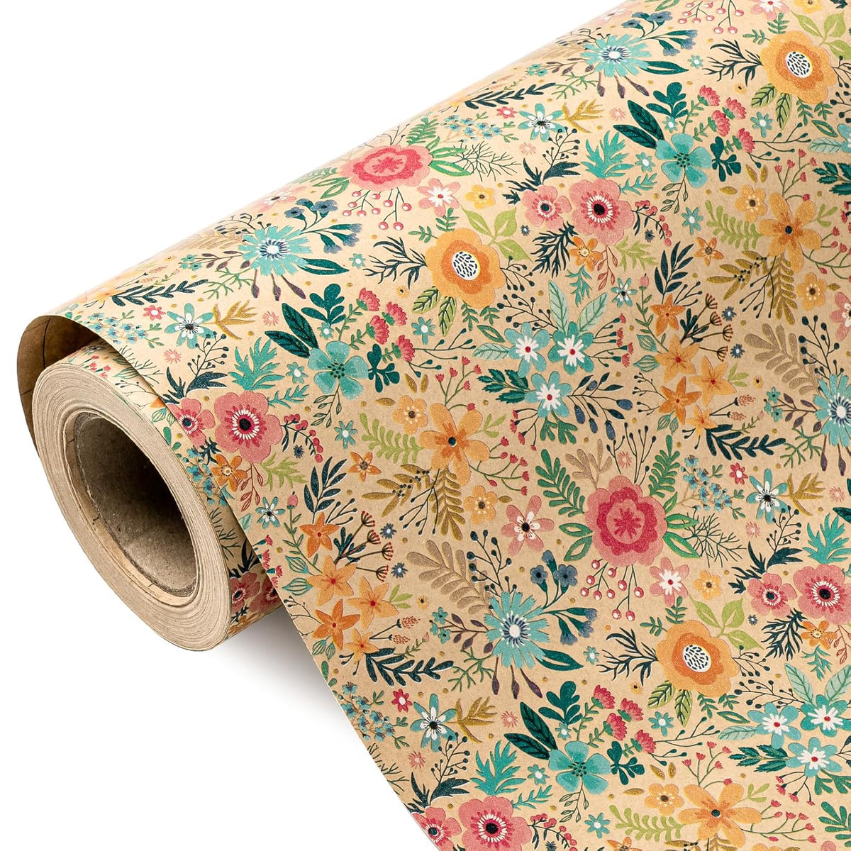 Kraft Floral Wrapping Paper Roll - Mini Roll - 17 Inch X 9.8 Feet - Spring Summer Garden Flower Design Perfect For Wedding, Bridal Shower, Birthday