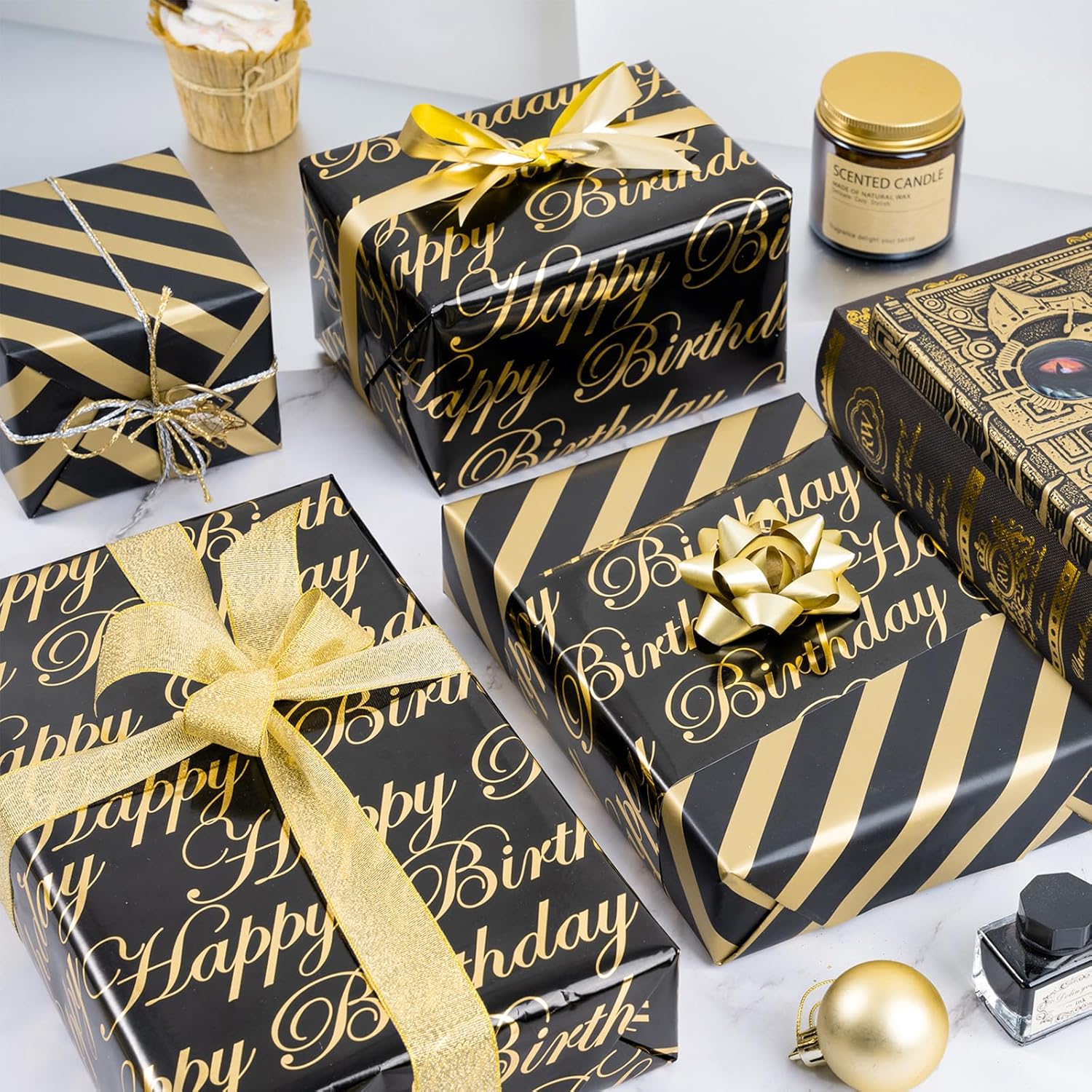 Reversible Birthday Wrapping Paper - Mini Roll - 17 Inch X 9.8 Feet - Black And Gold Foil Happy Birthday Wrapping Paper For Men, Boys, Baby Shower