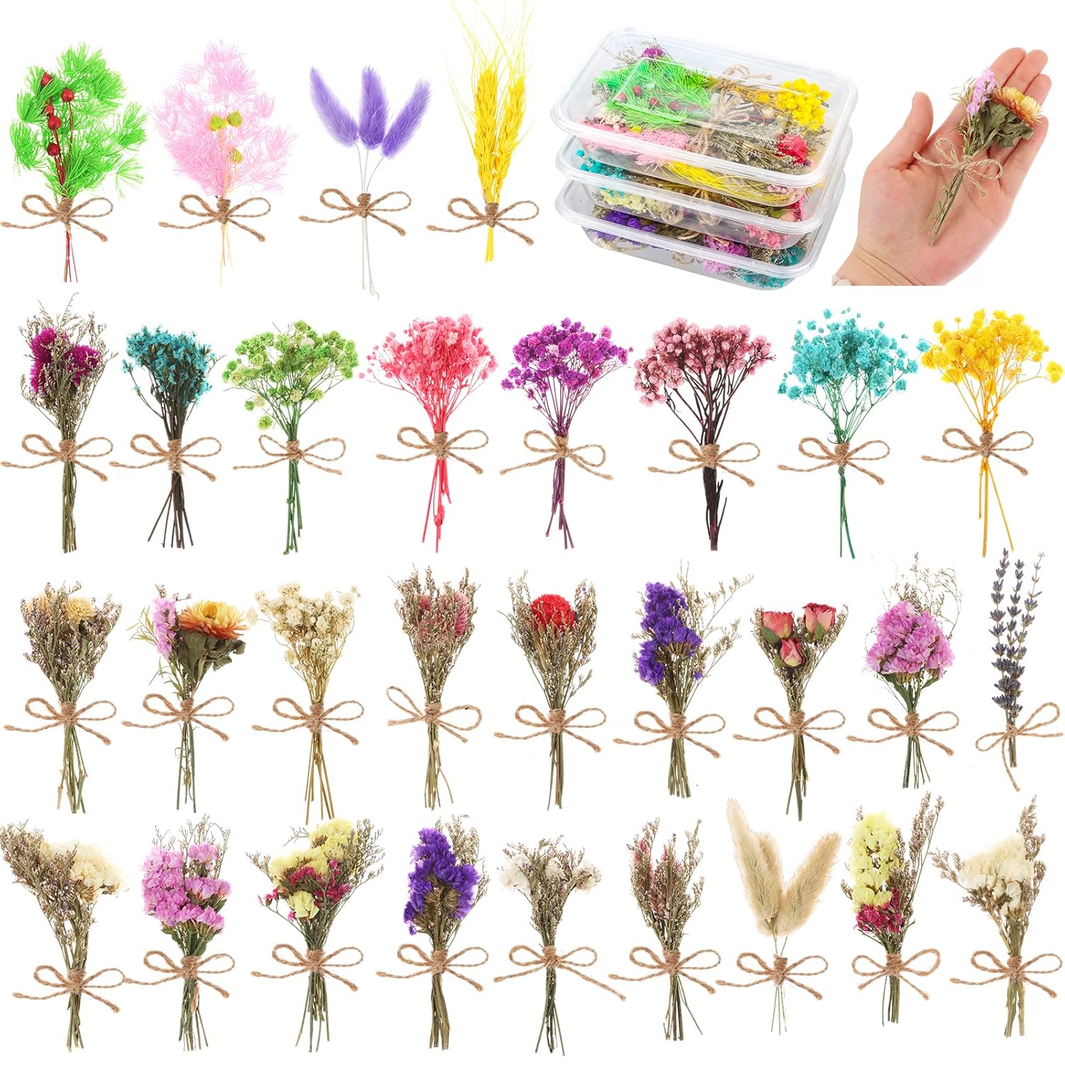 30 Pcs Mini Don'T Forget Me Flower Bouquets Purple Natural Dried Flowers Bouquet Dry Flower&Leaves Lavender Dried Embossing Flower Bundles Plant Stem Bunch For Diy Craft,Photo Props,Wedding Decoration