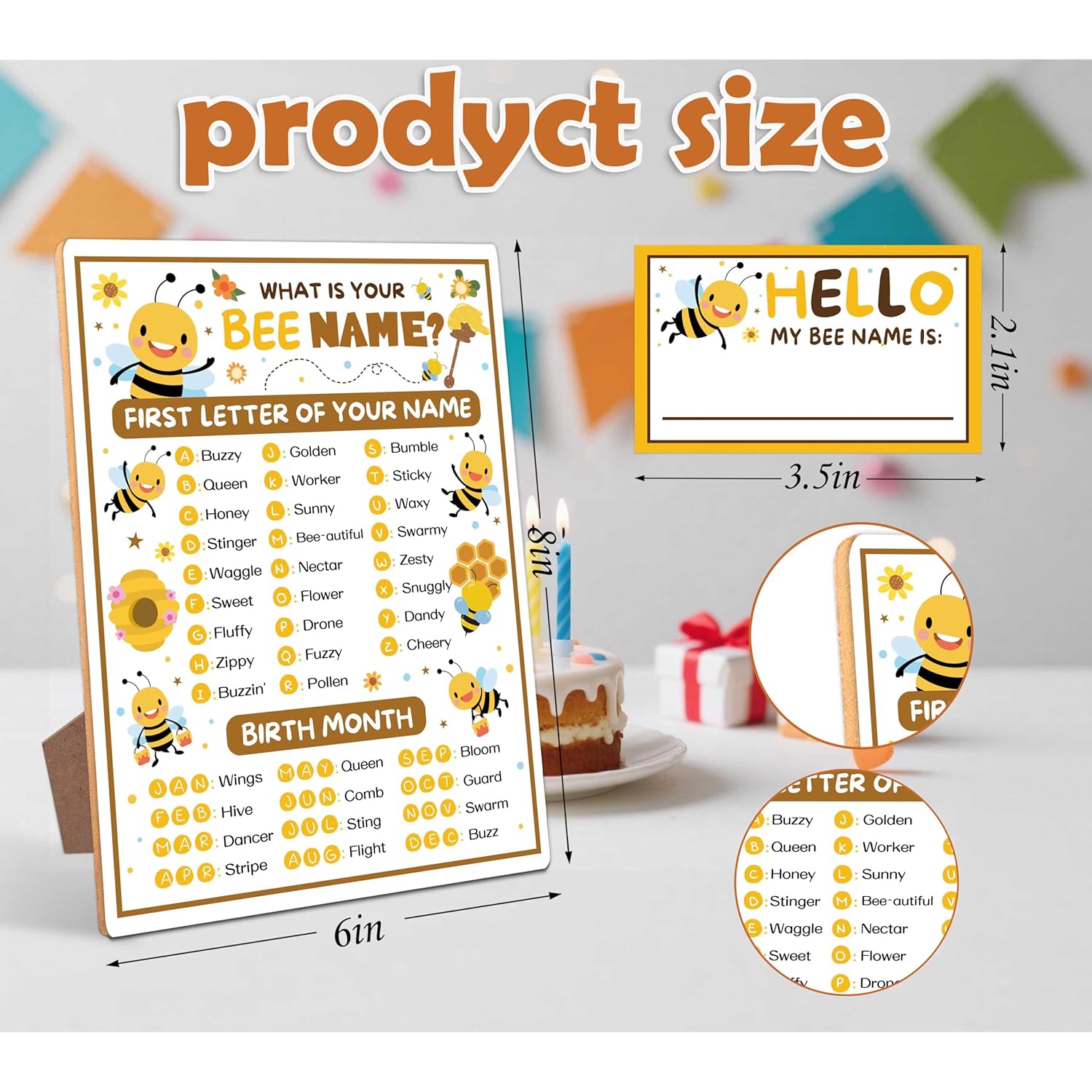 What Is Your Bee Name Game,30 Stickers, Bee Party Decor, Perfect For Birthday Party Activities 6×8 Wooden Play Sign With Stand