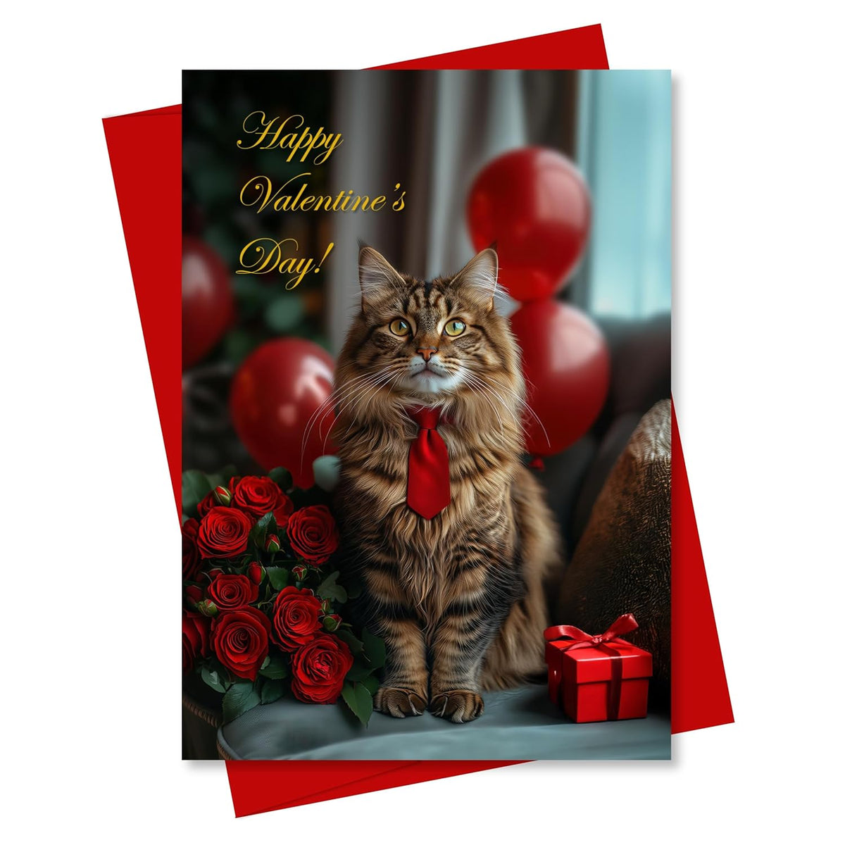 Maine Coon Cat Valentines Day Greeting Card – Premium 5X7 Inch Blank Card For Personalized Messages – Elegant Cat Design With Red Roses, Balloons, And Gift Box – Includes Red Envelope