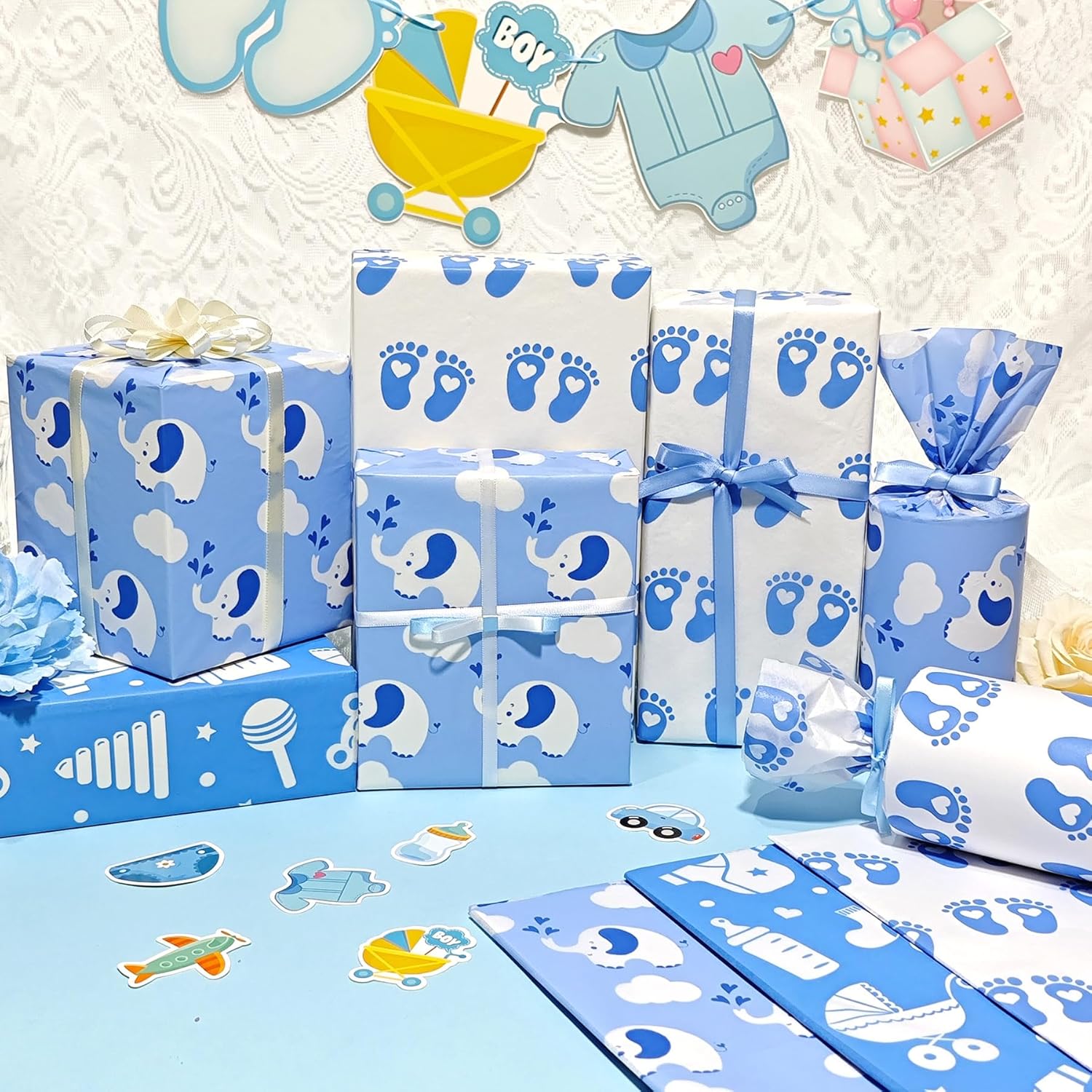 Baby Blue Tissue Paper 28X20 Inch, 30 Sheets Large Baby Boy Gift Wrap Tissue Paper For Gift Bag & Packaging, Cute Elephant Footprint Cloud Print Art Tissue For Baby Shower, Birthday, Anniversary Craft