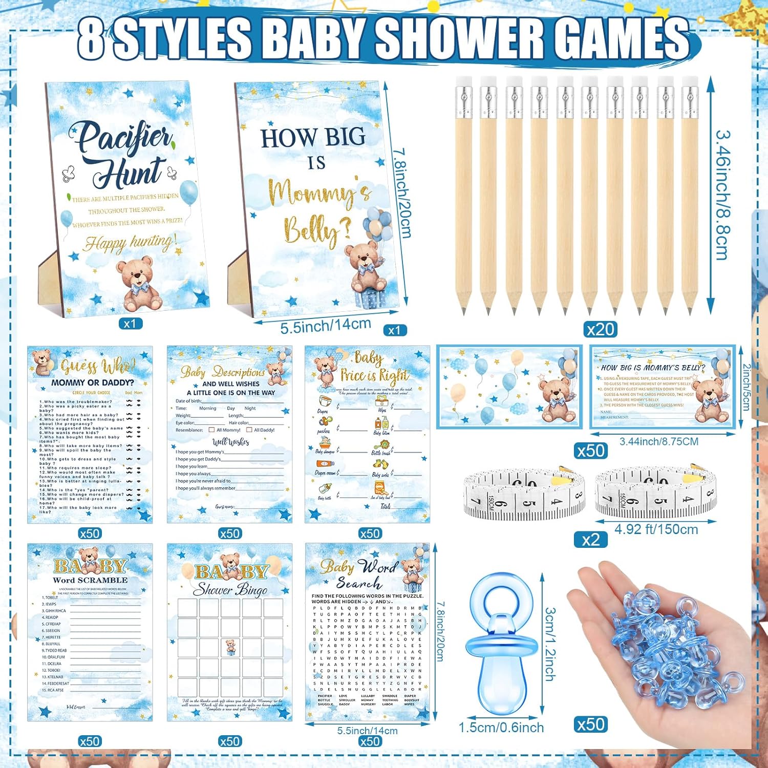 424 Pcs Blue Bear Baby Shower Games Supplies, 6 Sets 300 Activities Cards 1 Pacifier Hunt Sign 50 Acrylic Pacifiers 1 How Big Is Mommy'S Belly Sign 50 Guessing Card 2 Tapes 20 Pencils