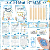 424 Pcs Blue Bear Baby Shower Games Supplies, 6 Sets 300 Activities Cards 1 Pacifier Hunt Sign 50 Acrylic Pacifiers 1 How Big Is Mommy'S Belly Sign 50 Guessing Card 2 Tapes 20 Pencils