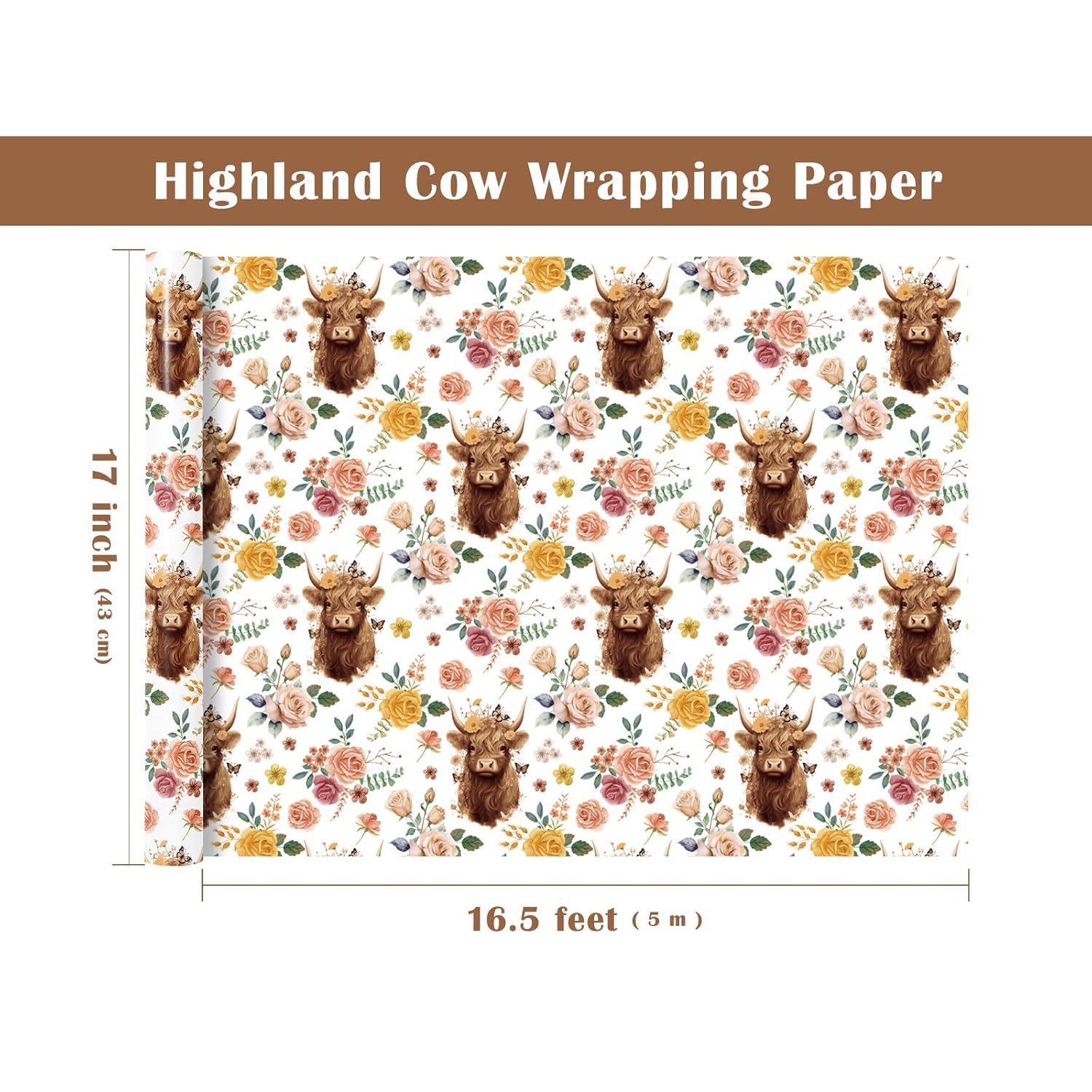 Highland Cow Wrapping Paper Roll - Mini Roll - 17 Inch X 16.5 Feet - Highland Cow And Floral Wrapping Paper For Birthday, Baby Shower, Wedding