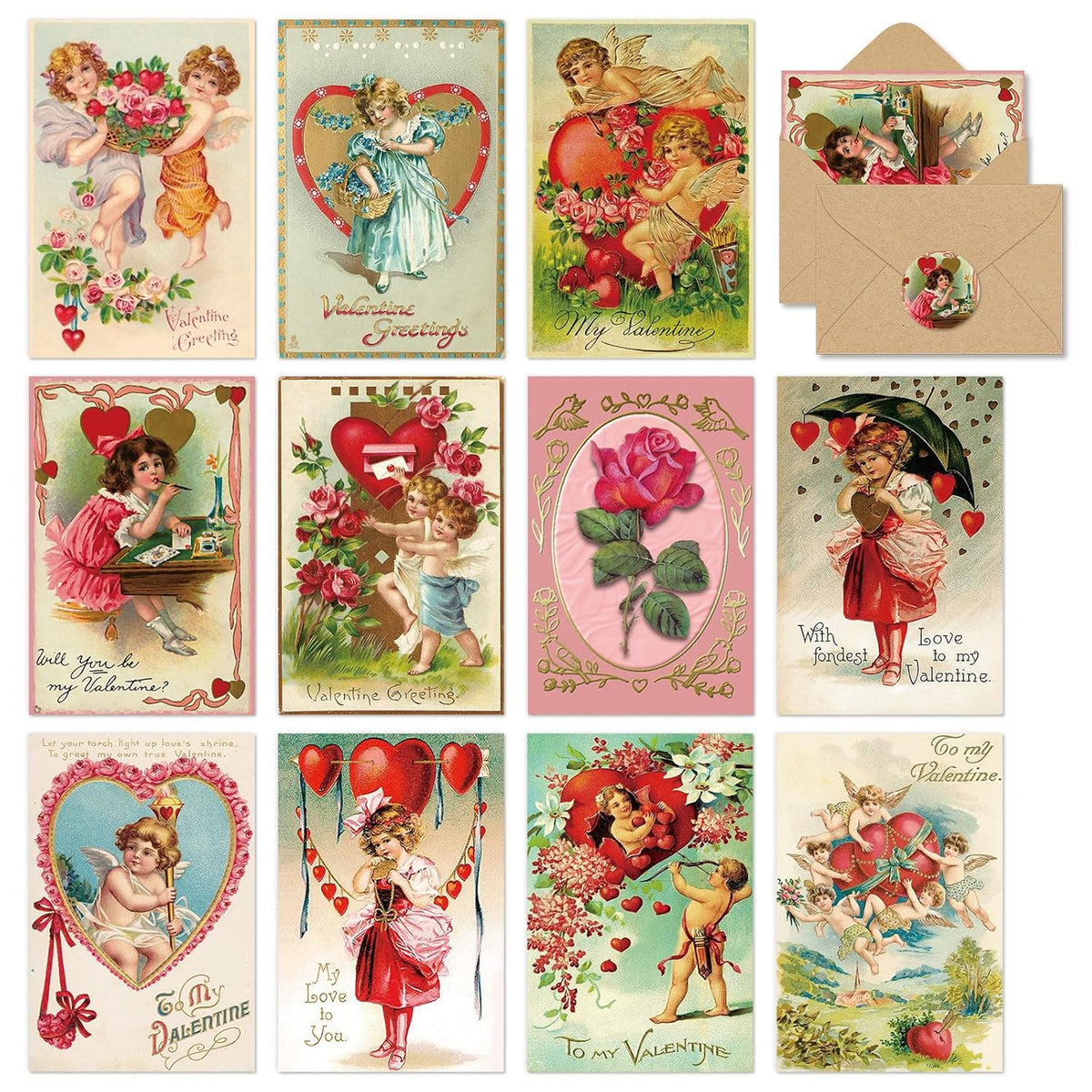 44 Packs Vintage Valentine'S Day Greeting Cards Retro Cupid Rose Heart Blank Note Cards With Envelopes And Stickers For Wedding Anniversary Birthday, 11 Designs, 4 X 6 Inch