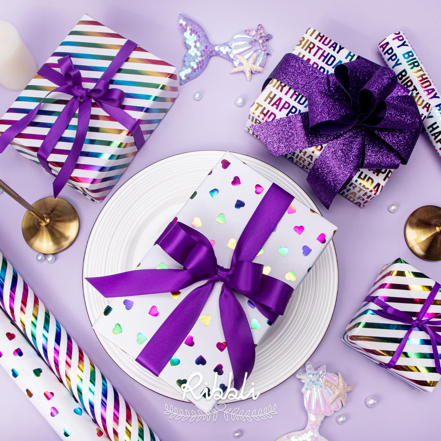 Birthday Wrapping Paper Iridescent Gift Wrap Mini Roll, 3 Rolls Happy Birthday Heart Stripes Printed For Girls Kids - 17 Inch X 120 Inch(10Feet) Per Roll