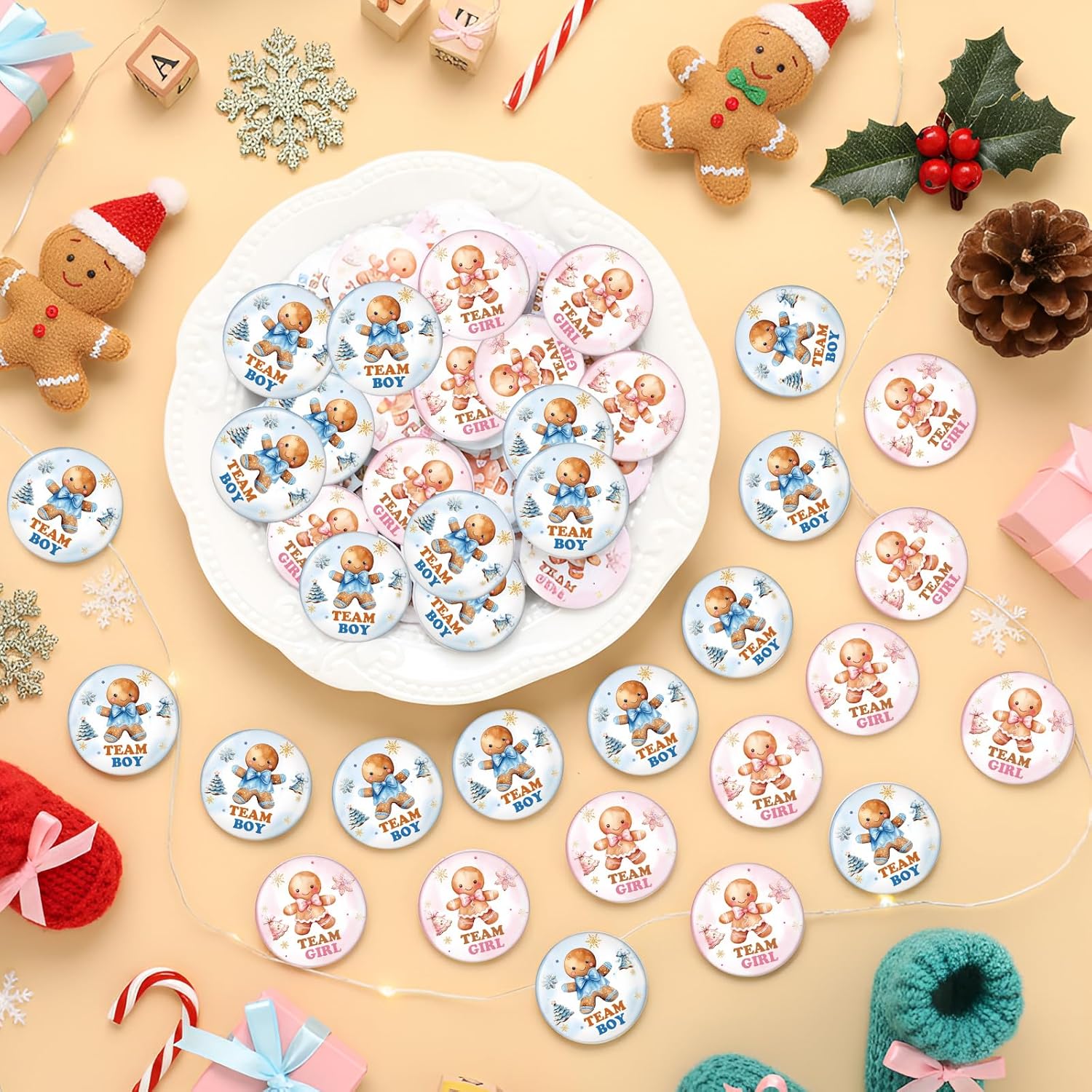 100 Pcs Christmas Gingerbread Man Gender Reveal Pins Team Boy Or Girl Gender Reveal Button Pins Bulk Blue Pink Baby Shower Badges For Holiday Baby Shower Game Party Favor