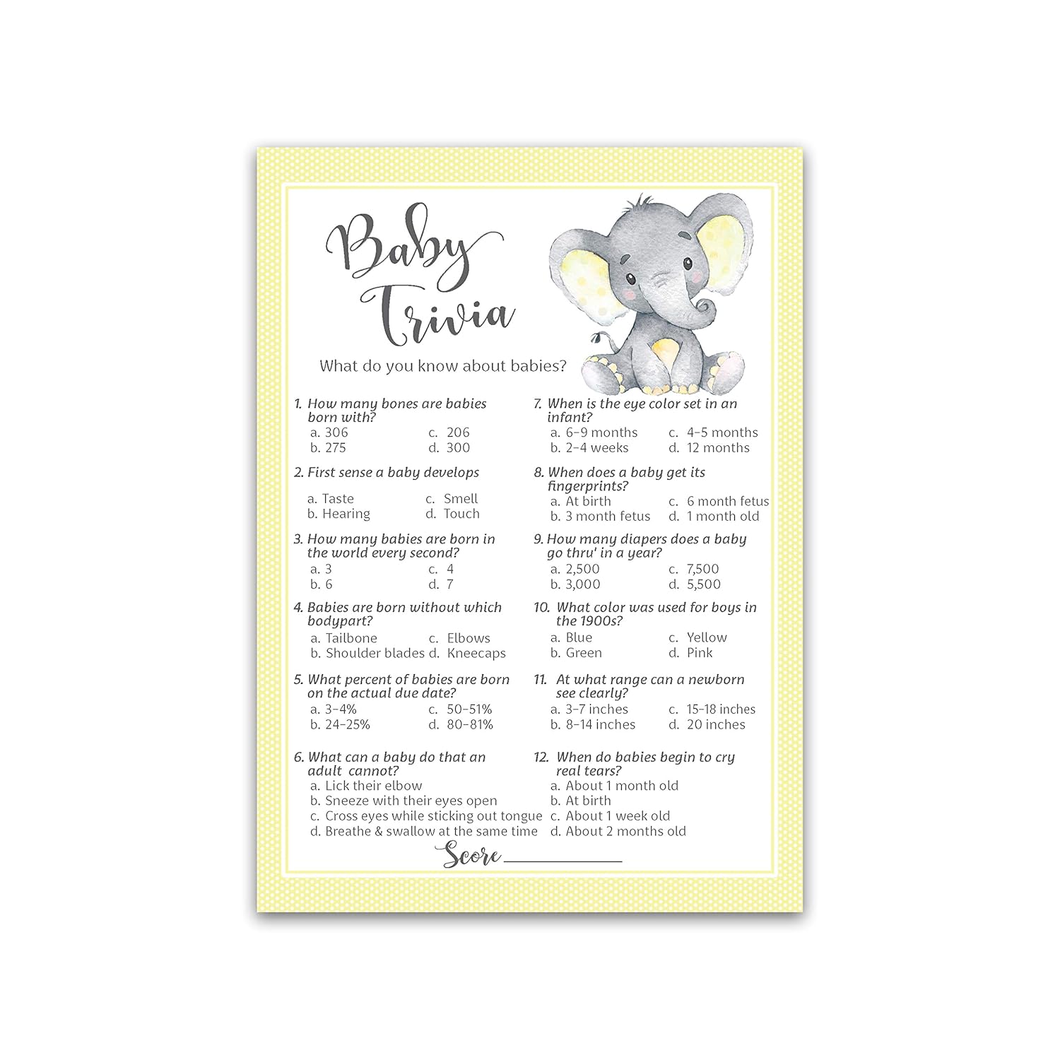 Gender Neutral Baby Shower Games — Baby Trivia Game — Pack Of 25 — Yellow Elephant Little Peanut Theme, Fun Facts Couples Shower Activity, Gender Reveal Party G521-Trv