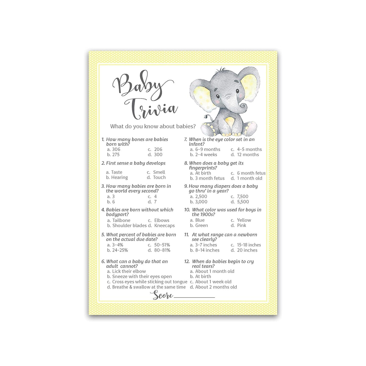 Gender Neutral Baby Shower Games — Baby Trivia Game — Pack Of 25 — Yellow Elephant Little Peanut Theme, Fun Facts Couples Shower Activity, Gender Reveal Party G521-Trv