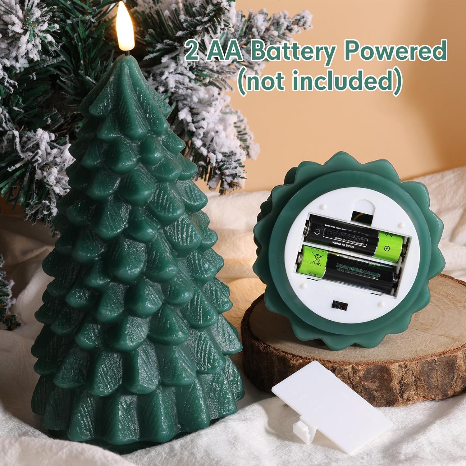 Green Christmas Tree Candles With Remote, Real Wax Flickering Flameless Led Candles Set Of 2