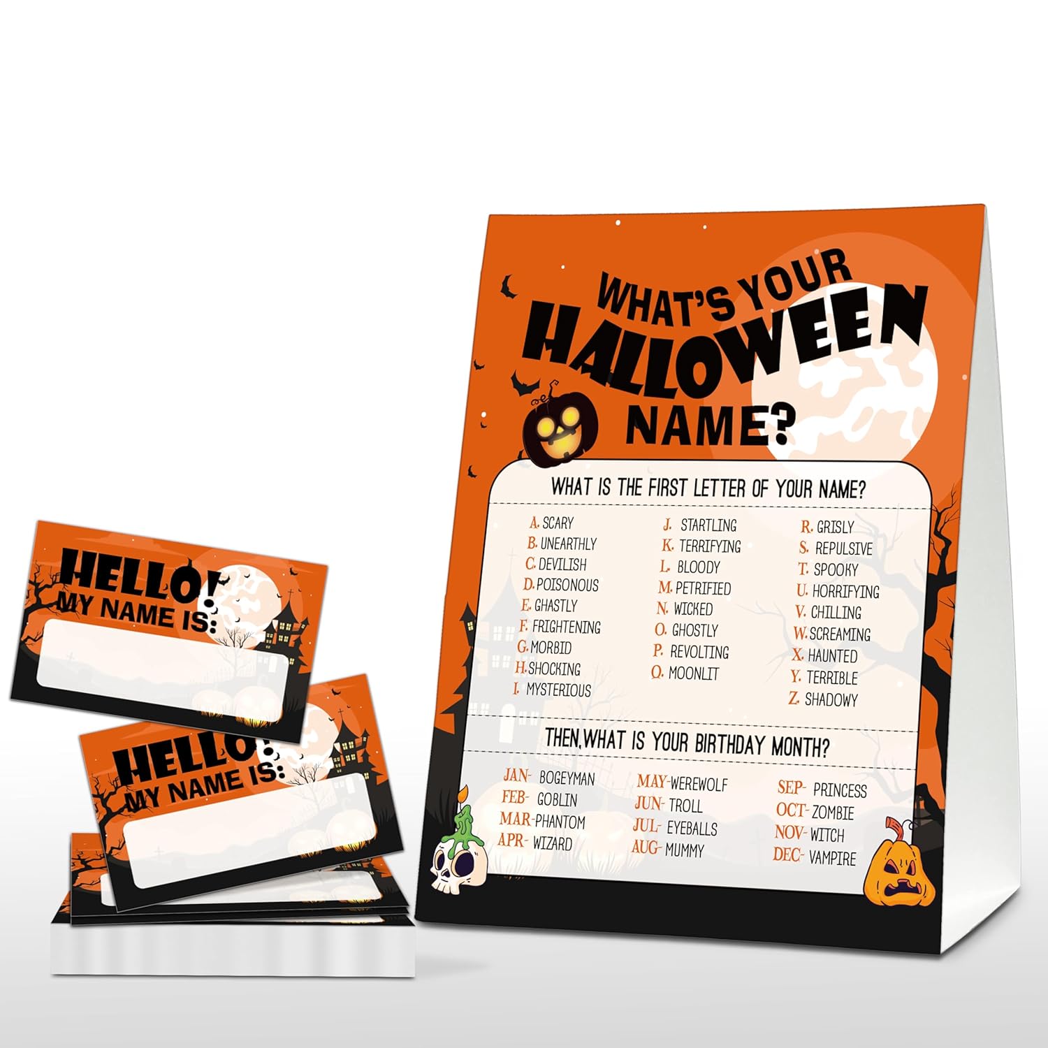 What'S Your Halloween Name Game - Halloween Party Game Sign For Boys Girls - Family School Classroom Activities - 1 Standing Sign And 30 Stickers - Kids Autumn Party Supplies Decorations(02)