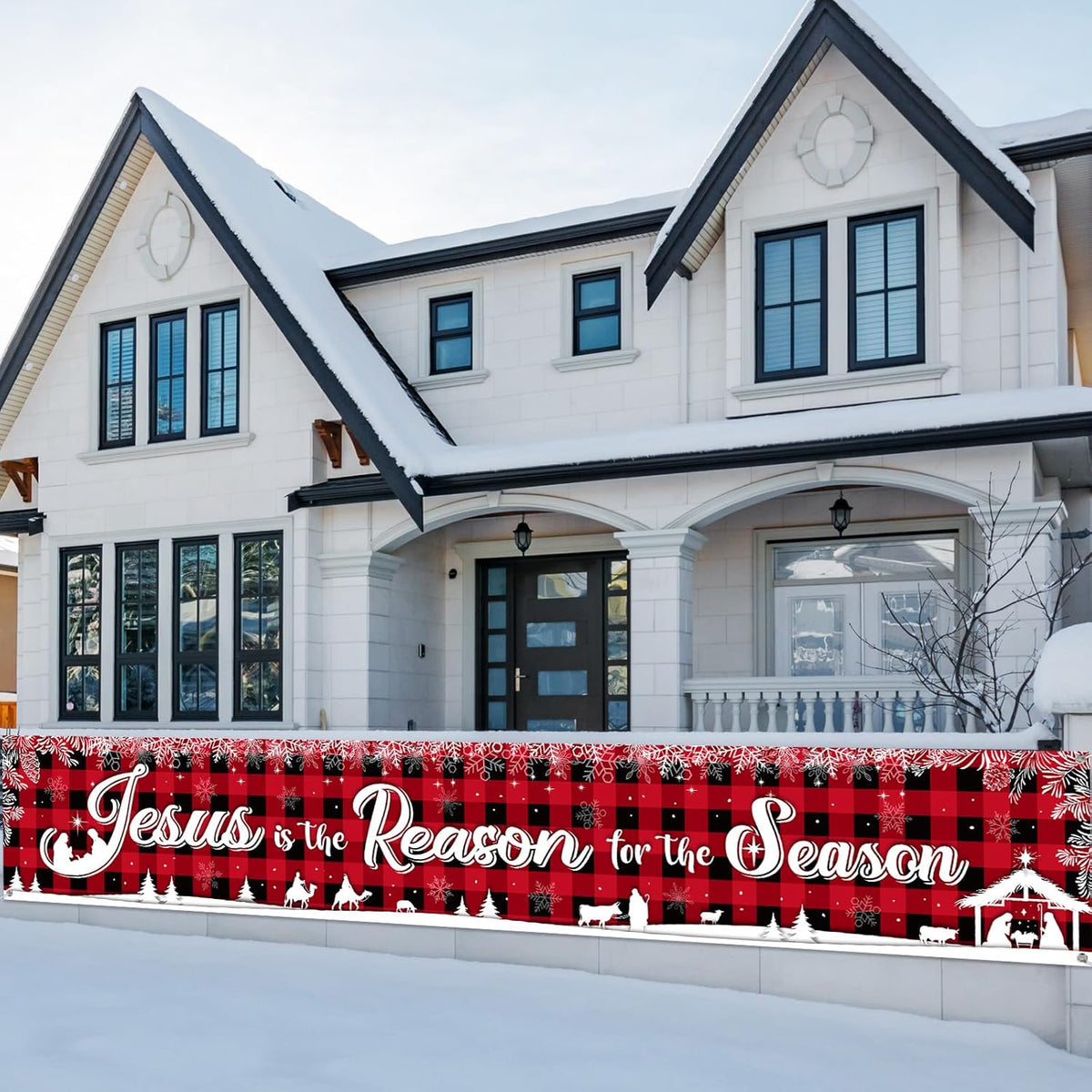 Holy Nativity Christmas Banner Manger Scene Religious Jesus Is The Reason For The Season Red Buffalo Plaid Hanging Banner For Xmas Winter Holiday Outdoor Indoor Decoration