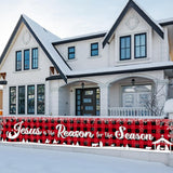 Holy Nativity Christmas Banner Manger Scene Religious Jesus Is The Reason For The Season Red Buffalo Plaid Hanging Banner For Xmas Winter Holiday Outdoor Indoor Decoration