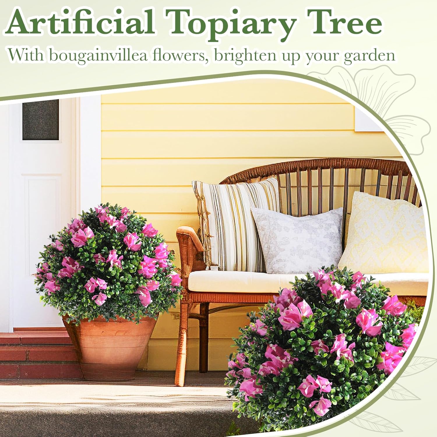 Set Of 2 Artificial Bougainvillea Flowers Boxwood Topiary Ball Tree 18 Inch Faux Bush Outdoor Plants With Ground Spike, Uv Resistant Fake Shrubs For Garden, Yard, Porch, Patio Decor(Pink)