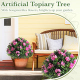 Set Of 2 Artificial Bougainvillea Flowers Boxwood Topiary Ball Tree 18 Inch Faux Bush Outdoor Plants With Ground Spike, Uv Resistant Fake Shrubs For Garden, Yard, Porch, Patio Decor(Pink)