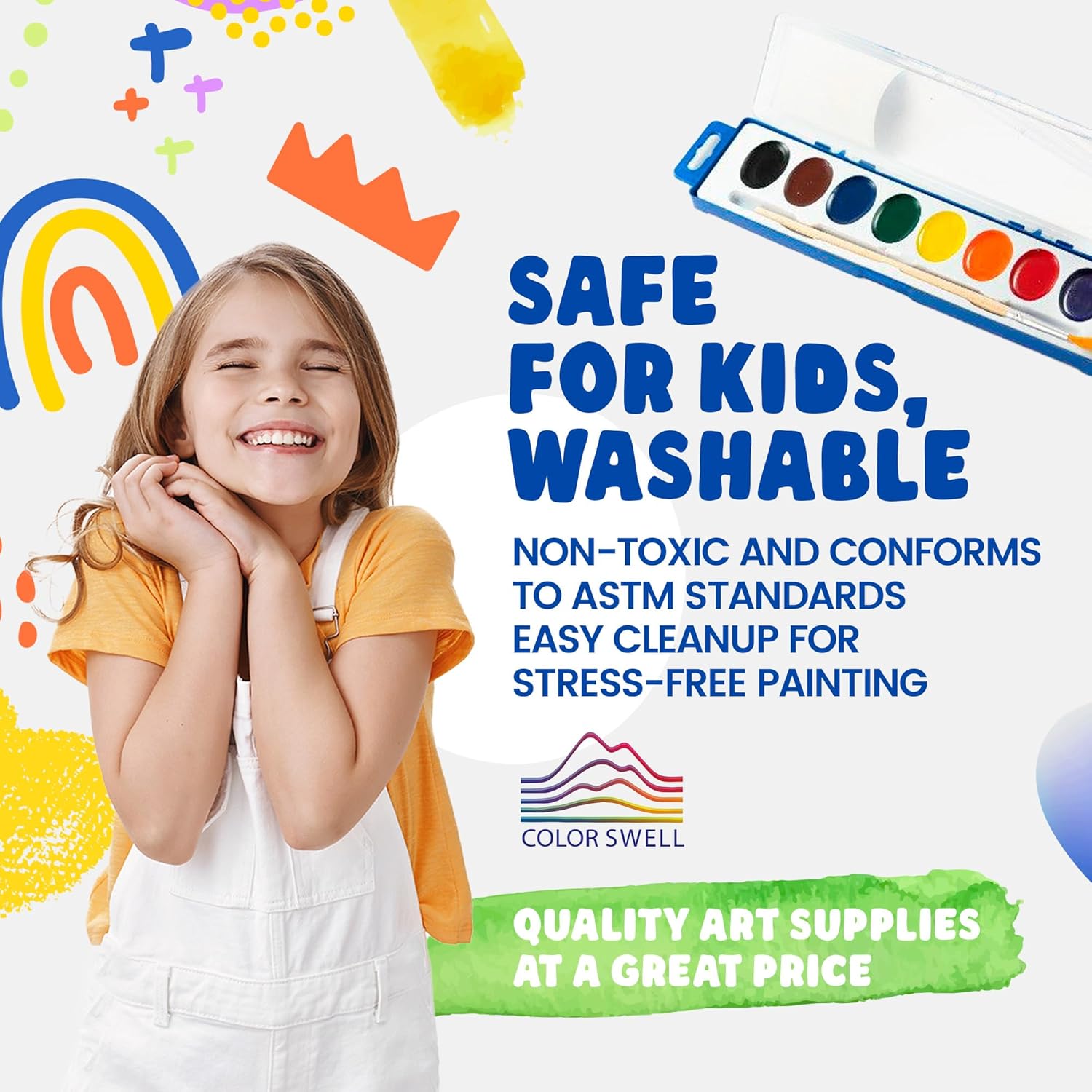 Washable Bulk Watercolors, 18 Pack, 8 Colors, Wood Brush, Classroom Bulk Pack - Bulk Watercolors