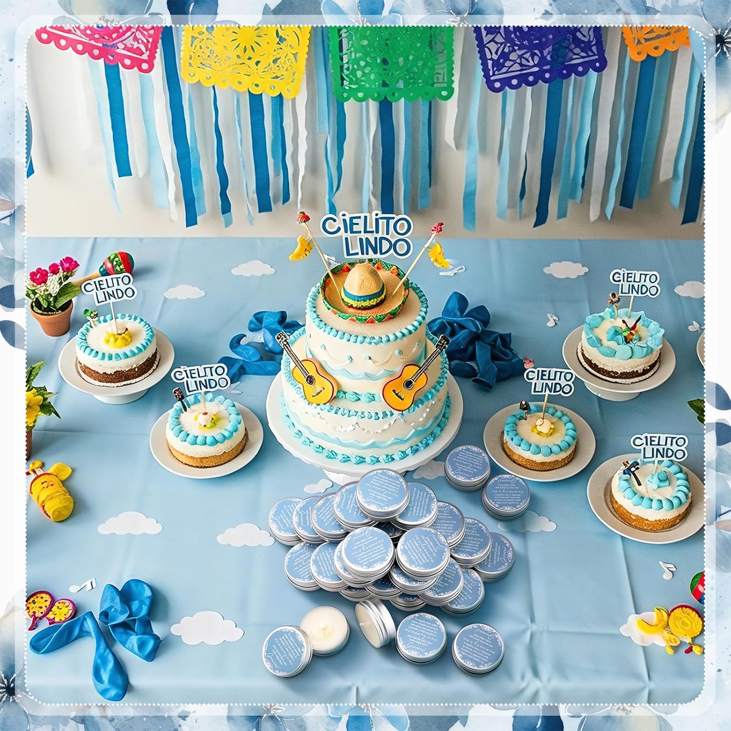 50 Pcs Cielito Lindo Party Favors Mexican Jar Candles Gift For Guests 1 Oz Lavender Scented Soy Wax Candles Bulk Favors For Birthday Baby Shower Party Supplies (Blue)