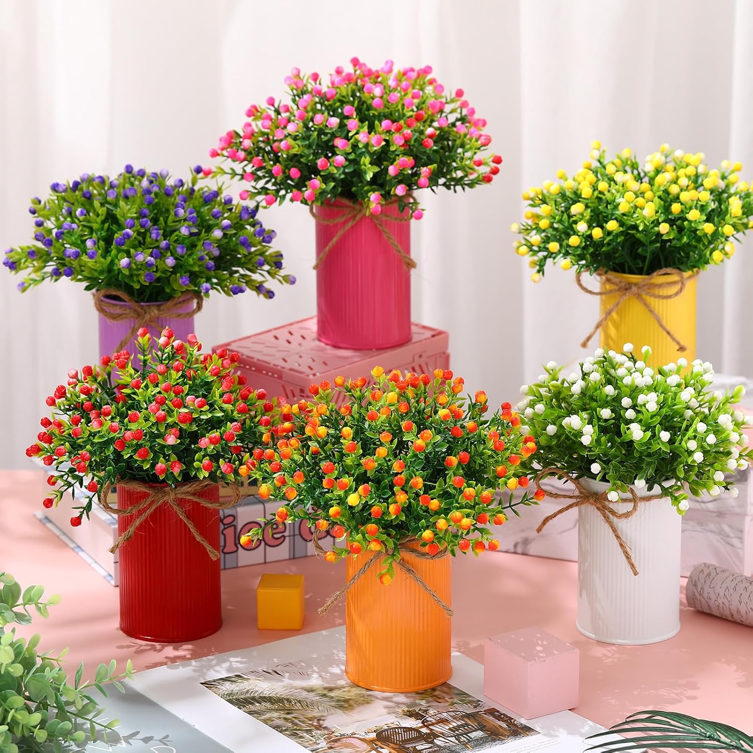 6 Sets Summer Spring Table Centerpieces Decoration Artificial Milan Flower Bouquet With Metal Pot Farmhouse Floral Centerpiece Summer Decoration For Home Dining Room Bathroom Office Party Decor