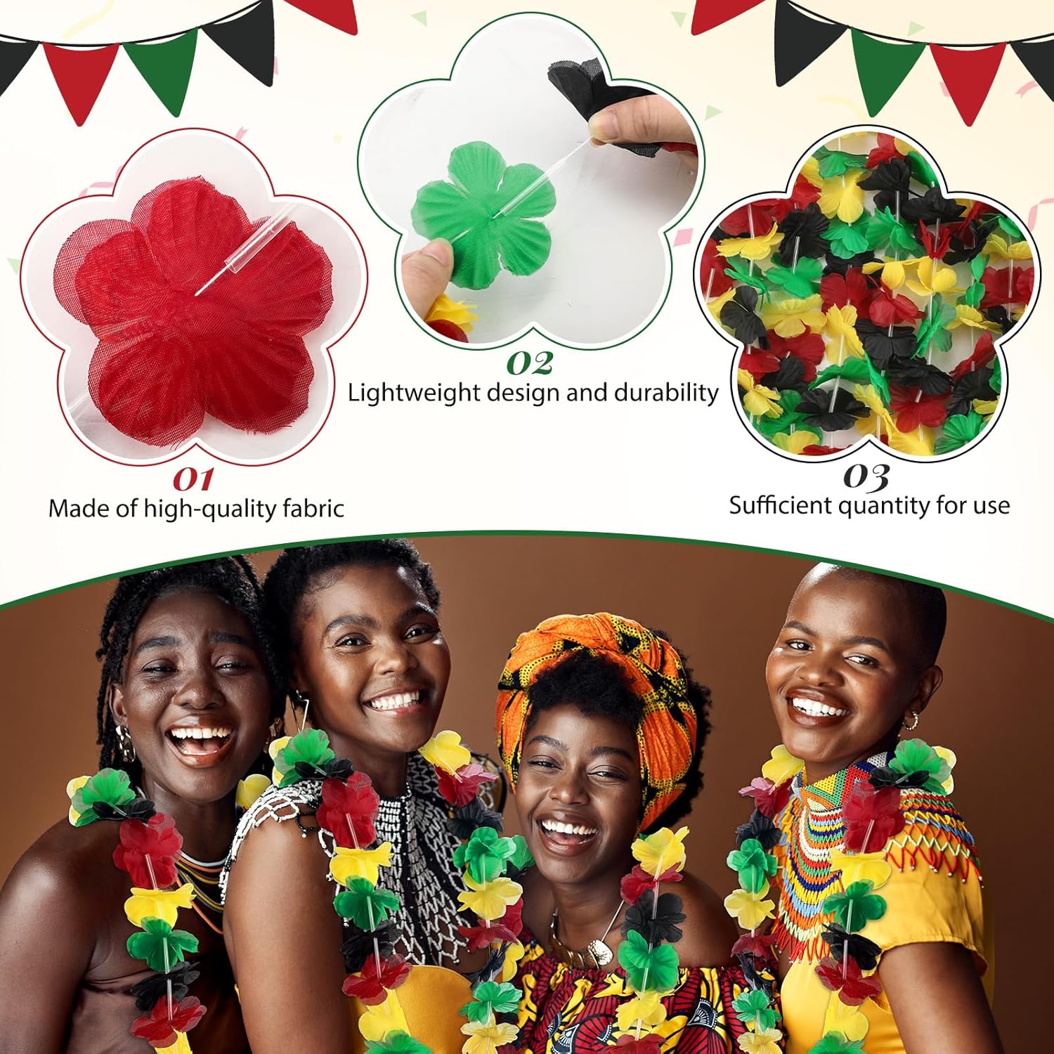 Black History Month Leis Decorations Black History Month Flower Leis Bulk Flower Necklaces Party Supplies Freedom Day Party Decorations(12 Pcs)