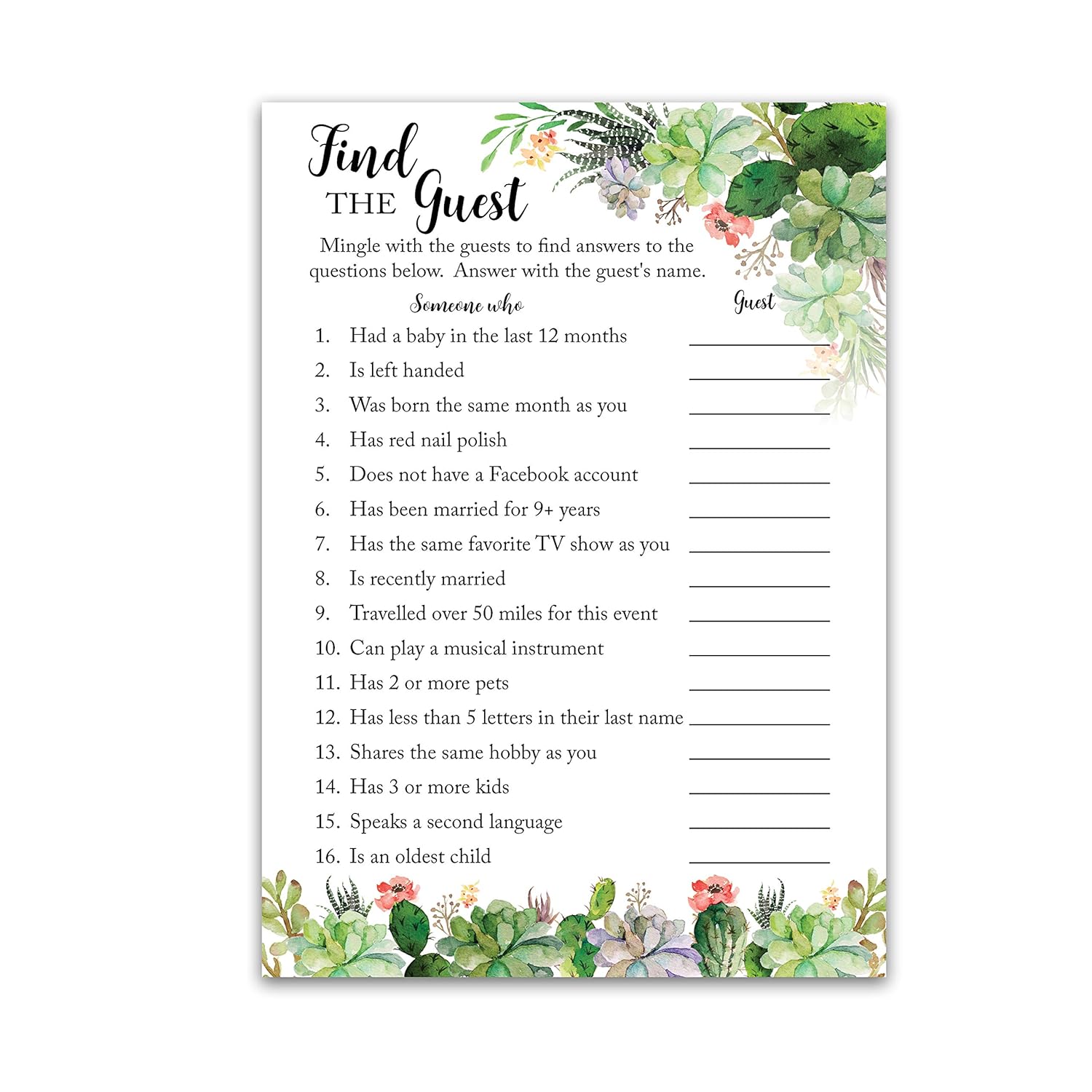 Succulents — Find The Guest Baby Shower Game — Pack Of 25 — Gender Neutral Succulent Greenery Icebreaker Party Games, Guess Who Came To The Party, Co-Ed Couples Shower Activity G300-Ftg
