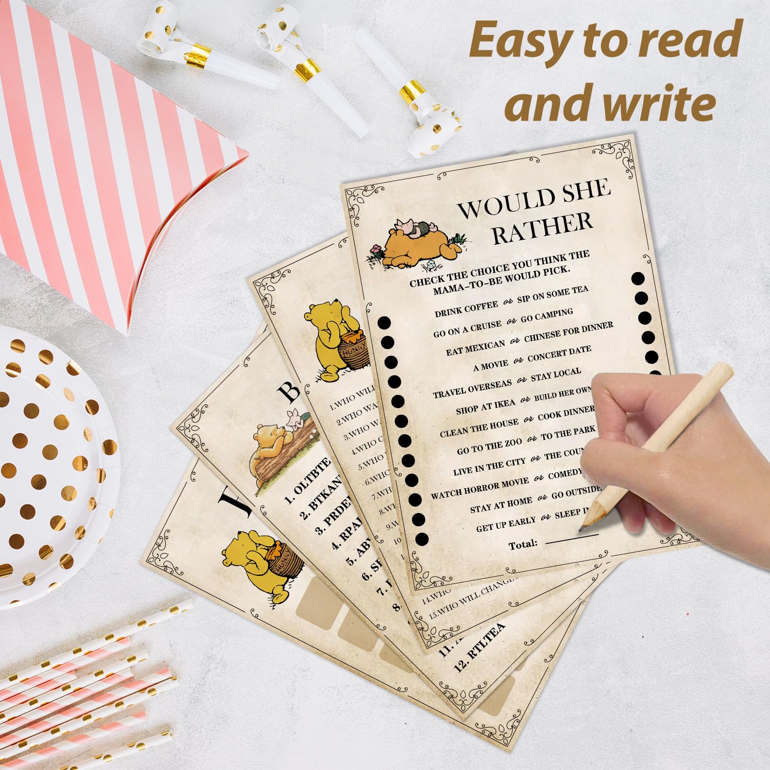 51Pcs Winnie Baby Shower Games, 2 Sets (25 Cards Each, 4 Games) Activities Cards With Answer Card, Baby Shower Party Cards, Include Baby Bingo, Prediction And Advice, Mommy'S Belly, Word Scramble