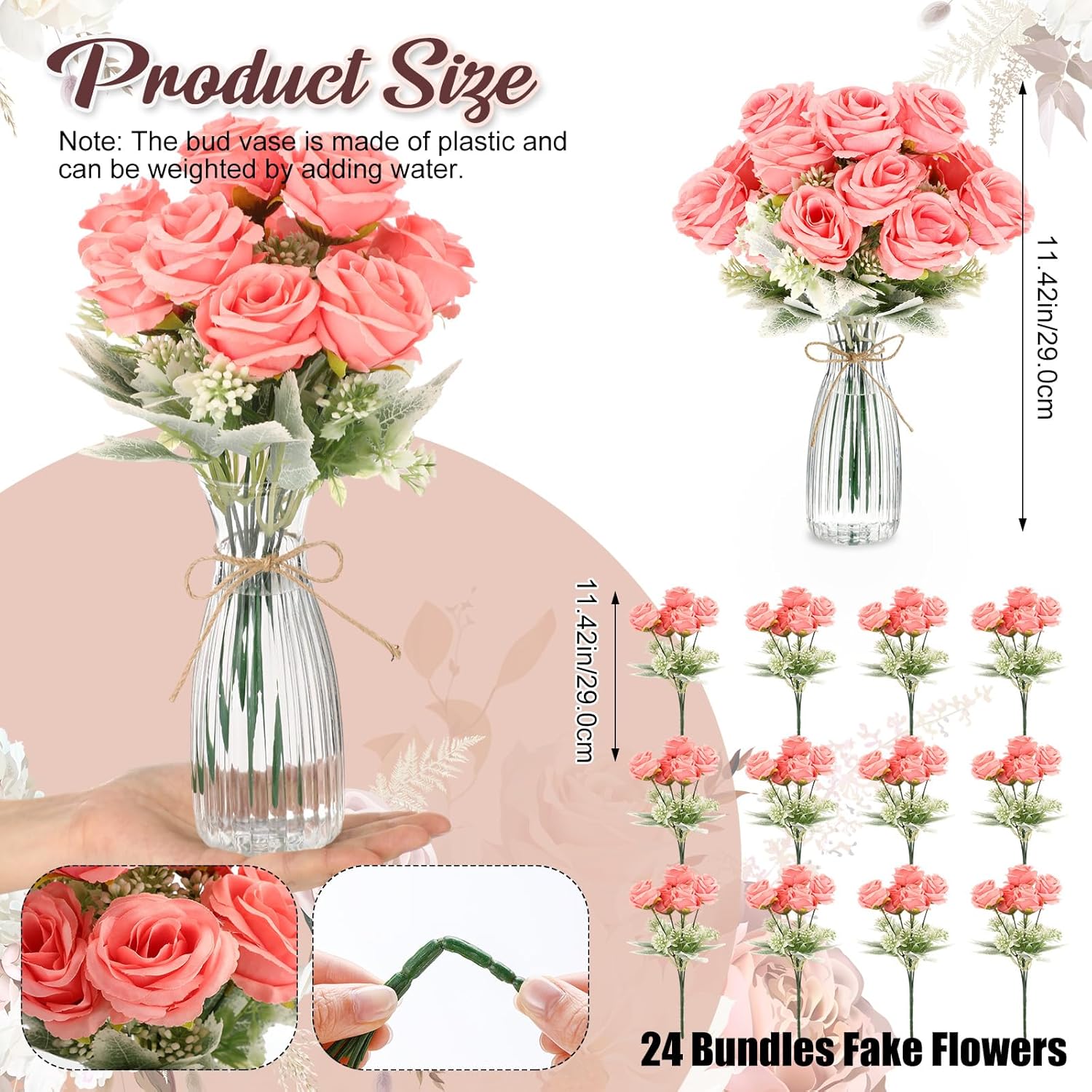 36 Pack Valentine Artificial Rose Flowers With Vase Bulk For Wedding Table Centerpiece 24 Bundles Silk Floral Faux Rose Bouquet With 12 Plastic Vase For Bridal Shower Table Decor(Pink)