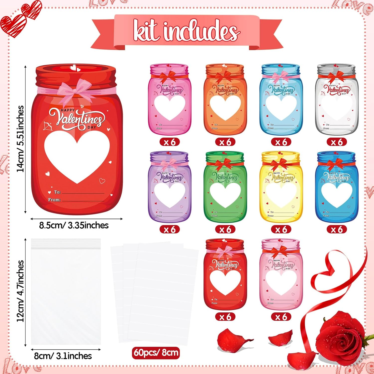 60 Set Valentine'S Day Cards Bulk Valentines Mason Jars Cards For School Classroom Party Favors Candy Holder Exchange Gifts Supplies(Hollow Heart)