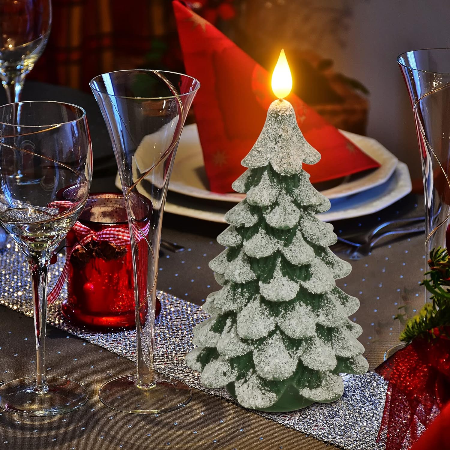 Christmas Tree Led Candle With Remote Timer, 4.13X7.9 Inch Real Wax Battery Operated Pillar Candle Flameless Flickering For Xmas Eve Gift Holiday Home Party Room House Decor