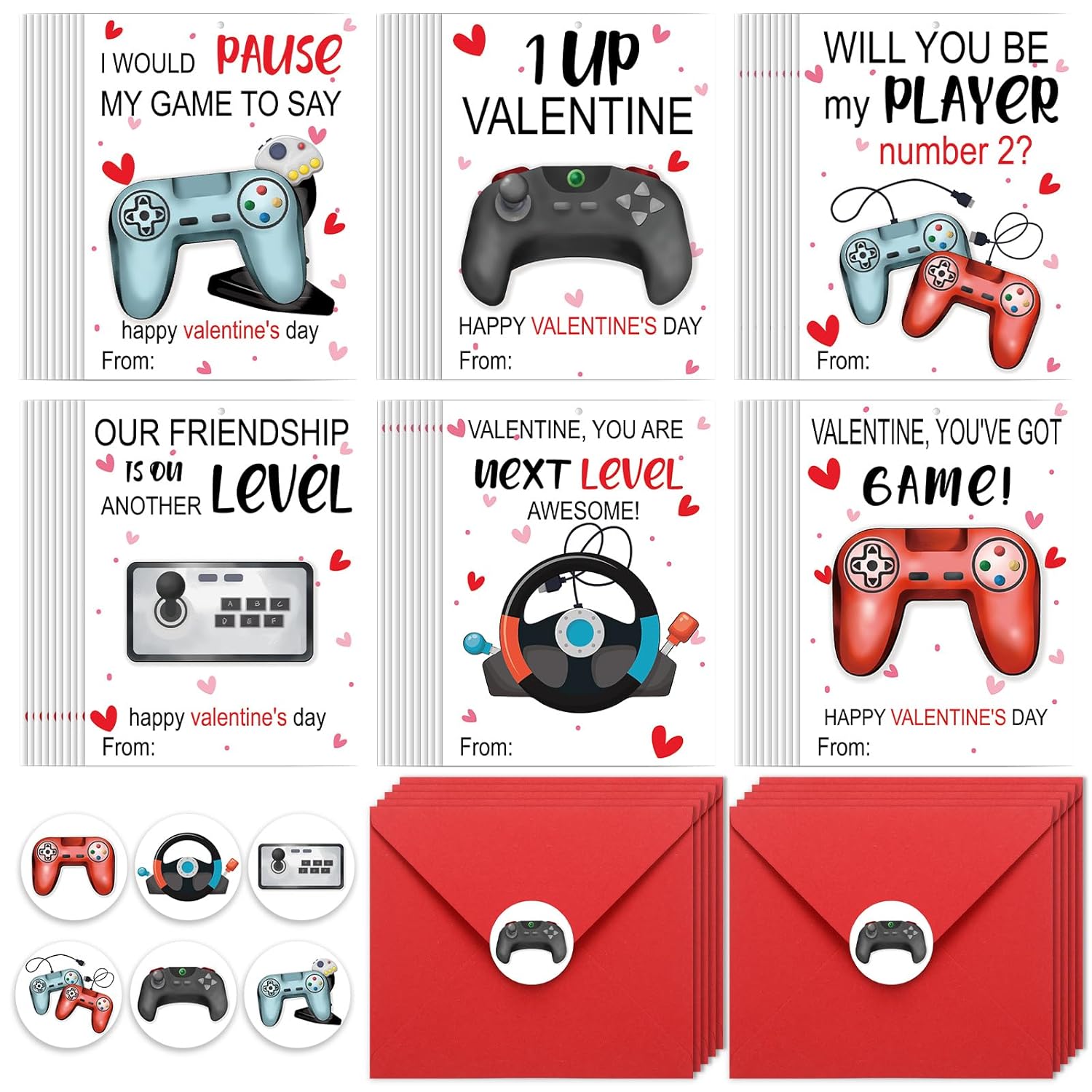 180 Pcs Valentine'S Day Cards With 60 Video Game Valentines Cards 60 Red Envelopes 60 Game Stickers For Valentines Exchange Gifts Party Favors