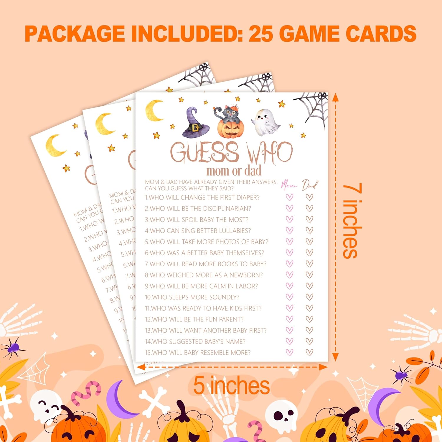 Baby Shower Games, Halloween Guess Who Mom Or Dad Game Cards, 25 Sets Baby Gender Reveal Party Decorations Supplies Favors - D01