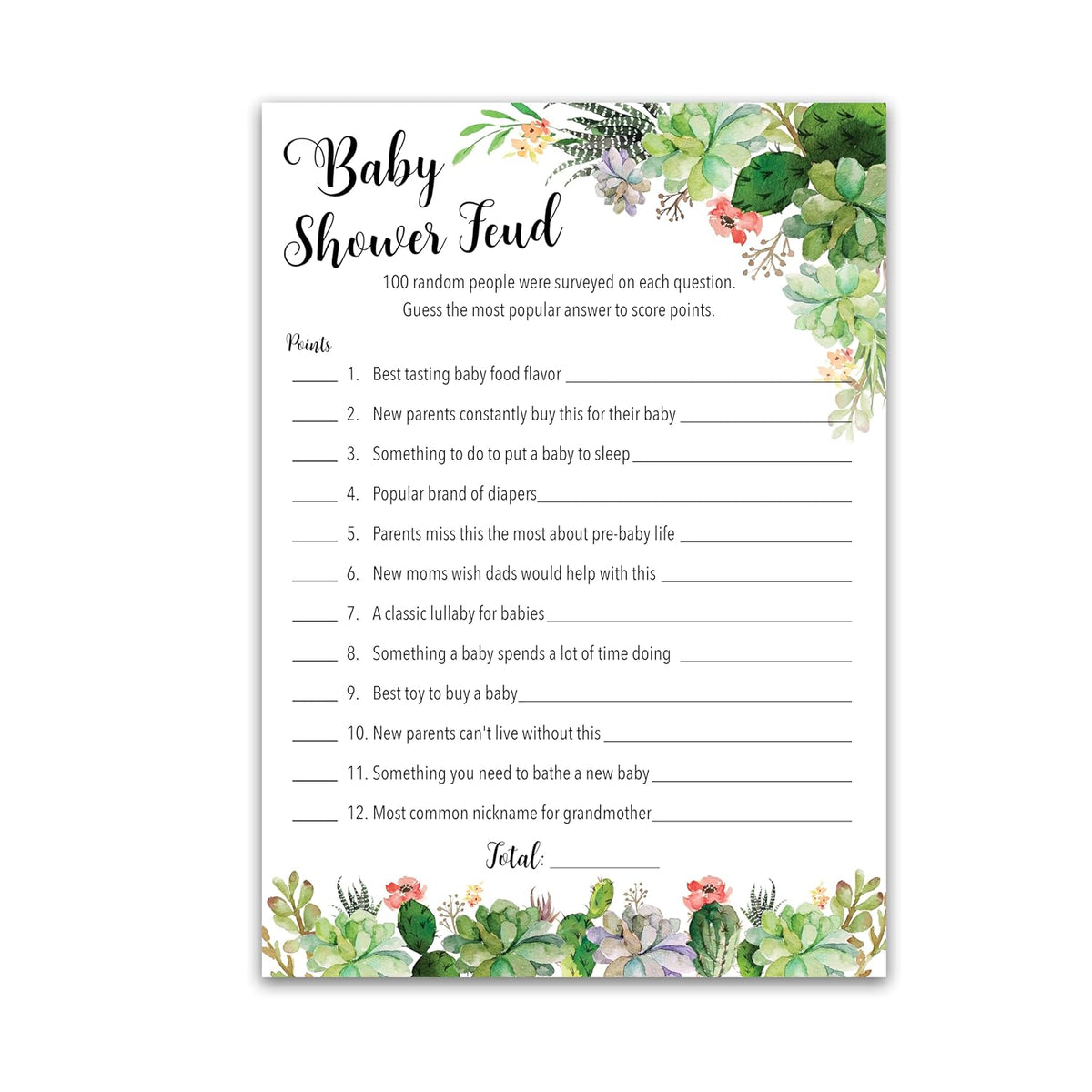 Succulents Baby Shower Feud Game — Pack Of 25 — Fun Shower Family Feud Game, Floral, Green, Succulent Trivia Couples Shower Activity, Greenery Rustic Gender Neutral Fued G300-Bsf