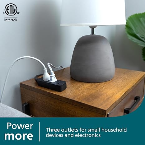 3 Outlet Mini Power Strip 5 Inch Extension Cord Flat Plug Braided Cord Black