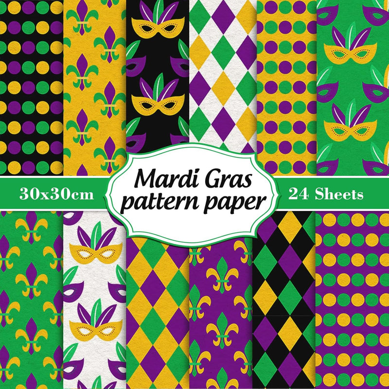 12 Designs Mardi Gras Pattern Paper Pack 24 Sheet Multicolor Scrapbook