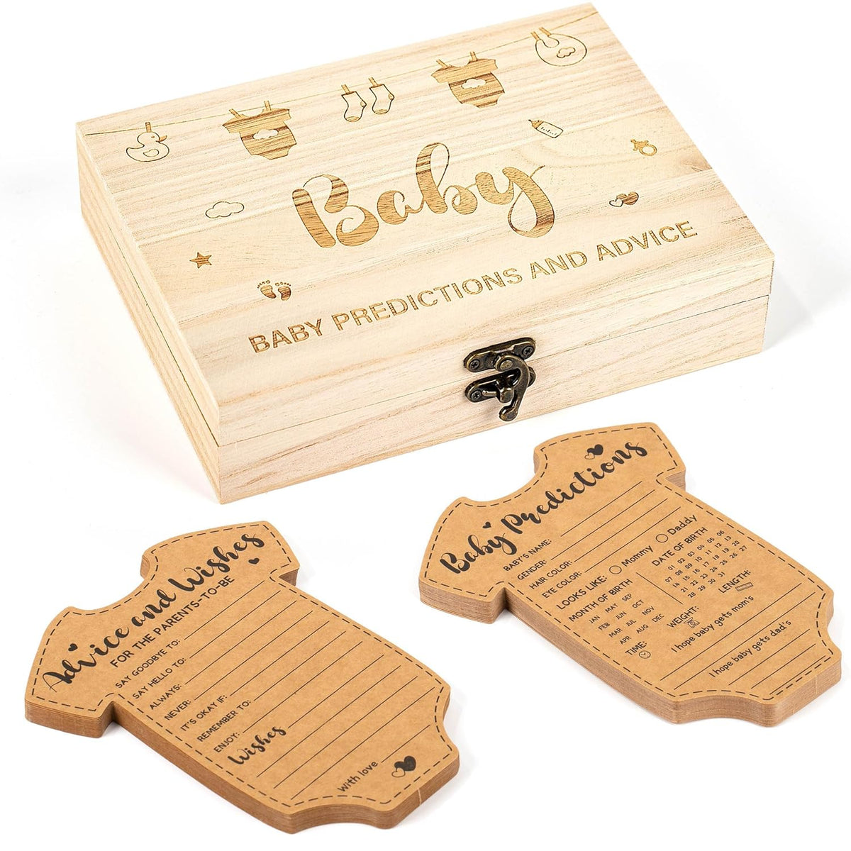 42Pcs Baby Prediction Cards With Wood Box Shower Decorations Advice Table For Games Gender Neutral Guessing Activities Set 5.12 X 6.5Inch Kraft