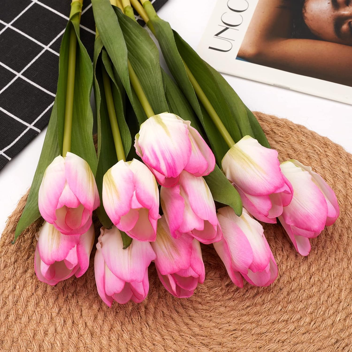 20Pcs Artificial Tulips Real Touch Faux Flower Moisturizing Tulips For Photography Ornaments Home Garden Wedding Party Decor Fake Flowers (Pink Green)