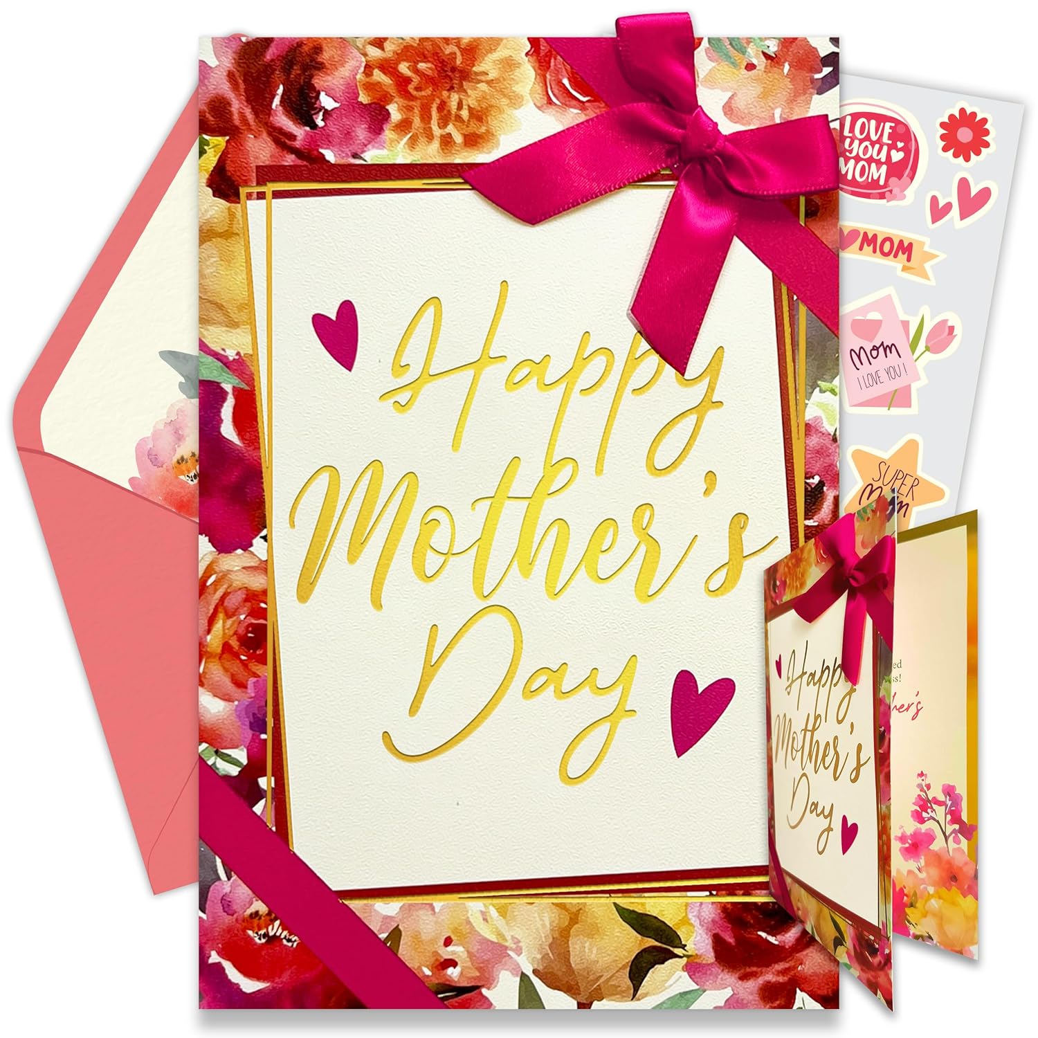 Gold Foiled And Textured 5X8In Individual Happy Mothers Day Card Set With Ribbon And Floral Designs, Happy Mother'S Day Card With Envelope And Stickers, With Printed Message Inside